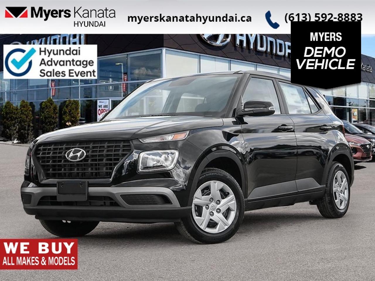 <b>Heated Seats,  Lane Keep Assist,  Collision Mitigation!</b><br> <br> From the first step inside the 2026 Hyundai Venue youll enjoy the features that make the cabin space your favourite place to be.<br> <br>With an amazing, urban sized footprint, plus a massive amount of cargo space, this 2026 Venue can do it all. Whether you need a grocery getter, kid hauler, or an errand runner, this 2026 Venue is ready to turn everything into an adventure. This modern Venue has a bold yet sophisticated SUV profile that radiates road presence and allows you to express your unique sense of style.<br> <br>This Abyss Blk SUV has an Automatic transmission and is powered by a 121HP 1.6L 4 Cylinder Engine. <br> <br> Our Venues trim level is Essential. Inside, comfort and everyday usability are prioritized through heated front bucket seats, a 6-way adjustable drivers seat, intuitive controls, manual climate management, smart device integration, and an 8-inch touchscreen with wireless Android Auto and Apple CarPlay. The cabins practical layout includes fold-flat rear seating, ample storage points, illuminated convenience features, and keyless entry for streamlined daily operation. Safety technology is comprehensive with forward collision-avoidance assist, lane keeping assist, driver monitoring, multiple airbags including full-length curtains, a tire-pressure monitoring system, stability control, and a rearview monitor to support confident maneuvering. This vehicle has been upgraded with the following features: Heated Seats, Lane Keep Assist, Collision Mitigation. This is a demonstrator vehicle driven by a member of our staff and has just 2968 km.<br><br> <br>To apply right now for financing use this link: <a href=https://www.myerskanatahyundai.com/finance/ target=_blank>https://www.myerskanatahyundai.com/finance/</a><br> <br/>This vehicle may qualify for $500 Military Program Bonus. 5.99% financing for 96 months. <br> Buy this vehicle now for the lowest weekly payment of <b>$90.98</b> with $0 down for 96 months @ 5.99% APR O.A.C. ( Plus applicable taxes - $2596 and licensing fees **Rebates may not be applicable on all purchase types [cash, lease, or finance]. Eligibility and conditions may vary. Please see dealer for full details and confirmation of eligibility. ). Incentives expire 2026-08-31. See dealer for details. <br><br>This vehicle is located at Myers Kanata Hyundai 400-2500 Palladium Dr Kanata, Ontario. <br><br> Come by and check out our fleet of 40+ used cars and trucks and 190+ new cars and trucks for sale in Kanata.  o~o