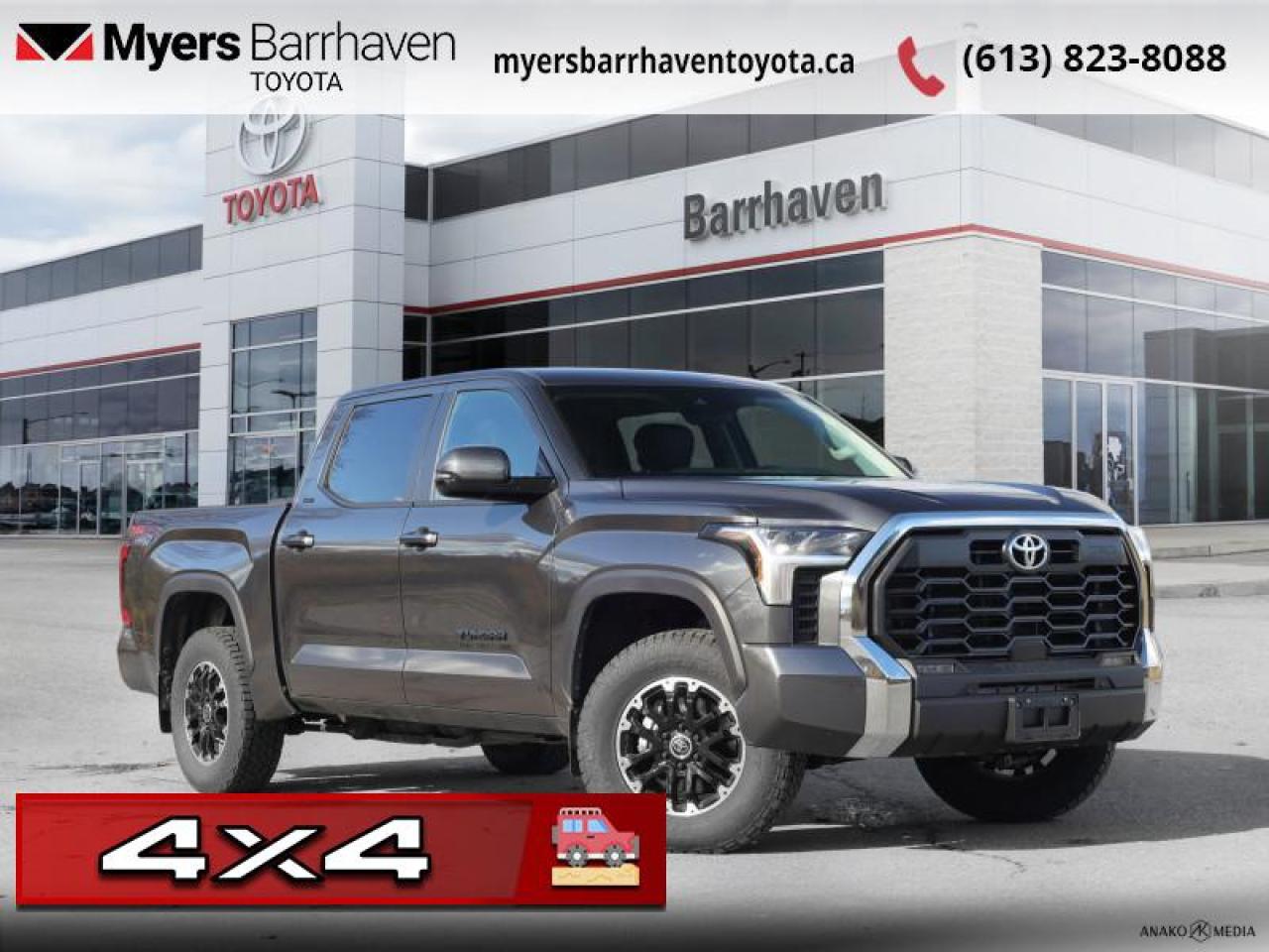 <b>Low Mileage, Off-Road Package!</b><br> <br>  Compare at $57094 - Our Live Market Price is just $54898! <br> <br>   A refined, quality built truck that is rugged and powerful when needed while offering ultimate comfort and safety. This  2024 Toyota Tundra is fresh on our lot in Ottawa. <br> <br>This 2024 Toyota Tundra is proof that bold can be beautiful, and with an enormous towing capacity the Tundra keeps proving itself to be one of the best pickup trucks on the market. It offers dynamic performance in all of the right places and comes loaded with its innovative tech features, extraordinary driving performance with unheard of fuel economy. The Toyota Tundra perfectly blends functionality and practicality, with a spacious cabin that gives you and your crew enough room to stretch out with premium materials that creates a distinctively upscale feel.This low mileage  Crew Cab 4X4 pickup  has just 17,000 kms. Its  magnetic grey metallic in colour  . It has an automatic transmission and is powered by a   3.4L V6 Cylinder Engine. <br> <br> Our Tundras trim level is SR5 TRD Off Road. Built to take a beating and keep going, this Tundra with the TRD Off-Road package features off-road shock absorbers, downhill assist control, off-road alloy wheels, multi-terrain select, crawl control, and TRD-specific exterior and interior styling. Other features include heated front seats with power adjustment and lumbar support and a heated steering wheel, in addition to amazing standard features such as class IV towing equipment with hitch and trailer sway control, trailer wiring harness, a full-size spare tire with underbody storage, adaptive cruise control, automatic air conditioning, and an 8-inch infotainment screen powered by Toyota Multimedia, with wireless Apple CarPlay and Android Auto, SiriusXM streaming radio, and Drive Connect with cloud navigation and Destination Assist. Safety features include blind spot detection, intuitive parking assist with auto braking, lane keeping assist, lane departure warning, forward collision mitigation with a pre-collision system, driver monitoring alert, and a rear camera. Additional features include front and rear cupholders, proximity keyless entry with push button start, 60-40 folding split-bench rear seats, and so much more. This vehicle has been upgraded with the following features: Off-road Package. <br> <br>To apply right now for financing use this link : <a href=https://www.myersbarrhaventoyota.ca/quick-approval/ target=_blank>https://www.myersbarrhaventoyota.ca/quick-approval/</a><br><br> <br/><br> Buy this vehicle now for the lowest bi-weekly payment of <b>$381.82</b> with $0 down for 84 months @ 6.99% APR O.A.C. ( Plus applicable taxes -  Plus applicable fees   ).  See dealer for details. <br> <br>At Myers Barrhaven Toyota we pride ourselves in offering highly desirable pre-owned vehicles. We truly hand pick all our vehicles to offer only the best vehicles to our customers. No two used cars are alike, this is why we have our trained Toyota technicians highly scrutinize all our trade ins and purchases to ensure we can put the Myers seal of approval. Every year we evaluate 1000s of vehicles and only 10-15% meet the Myers Barrhaven Toyota standards. At the end of the day we have mutual interest in selling only the best as we back all our pre-owned vehicles with the Myers *LIFETIME ENGINE TRANSMISSION warranty. Thats right *LIFETIME ENGINE TRANSMISSION warranty, were in this together! If we dont have what youre looking for not to worry, our experienced buyer can help you find the car of your dreams! Ever heard of getting top dollar for your trade but not really sure if you were? Here we leave nothing to chance, every trade-in we appraise goes up onto a live online auction and we get buyers coast to coast and in the USA trying to bid for your trade. This means we simultaneously expose your car to 1000s of buyers to get you top trade in value. <br>We service all makes and models in our new state of the art facility where you can enjoy the convenience of our onsite restaurant, service loaners, shuttle van, free Wi-Fi, Enterprise Rent-A-Car, on-site tire storage and complementary drink. Come see why many Toyota owners are making the switch to Myers Barrhaven Toyota. <br>*LIFETIME ENGINE TRANSMISSION WARRANTY NOT AVAILABLE ON VEHICLES WITH KMS EXCEEDING 140,000KM, VEHICLES 8 YEARS & OLDER, OR HIGHLINE BRAND VEHICLE(eg. BMW, INFINITI. CADILLAC, LEXUS...)<br> Come by and check out our fleet of 120+ used cars and trucks and 20+ new cars and trucks for sale in Ottawa.  o~o