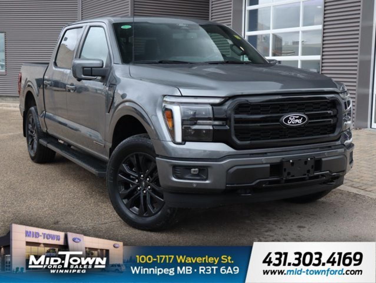 ===== 2026 Ford F-150 Lariat 4WD =====<br /><br />*Engine:* 3.5L PowerBoost Full-Hybrid V6 | *Transmission:* 10-Speed Automatic Hybrid<br />*Exterior:* Agate Black (Lariat Black Appearance Package) | *Interior:* Premium Black Leather<br /><br />The 2026 Ford F-150 Lariat 4WD PowerBoost Hybrid blends rugged performance with modern efficiency. Powered by a 3.5L Full-Hybrid V6 engine, it delivers outstanding power and torque while offering exceptional towing capability and on-board power generation. With its refined interior, advanced driver-assist features, and bold Black Appearance Package, this truck is built for both work and weekend adventures.<br /><br />==== Key Features: ====<br /><br /> * *3.5L PowerBoost Full-Hybrid V6* -- Combines electric efficiency with V6 performance, offering strong torque, smooth acceleration, and on-demand Pro Power Onboard (2.4kW) capability.<br /> * *Lariat Black Appearance Package* -- Distinctive blacked-out design with 20 Gloss Black Aluminum Wheels, Black Grille, Dark Interior Accents, Body-Colour Bumpers, and Dual Exhaust with Black Tips.<br /> * *FX4 Off-Road Package* -- Off-road tuned front shocks, skid plates, hill descent control, Rock Crawl Mode, and rear monotube shocks for maximum control and confidence on any terrain.<br /> * *Tow/Haul Package* -- Includes an Integrated Trailer Brake Controller and enhanced cooling for confident towing performance and stability.<br /> * *Bed Utility Package* -- Adds LED Box Lighting, Pro Access Tailgate with Power Tailgate Release, Four Tie-Down Plates, and 6 Extended Running Boards for easier access and productivity.<br /> * *Twin Panel Moonroof* -- Expansive panoramic glass roof that floods the cabin with natural light and enhances the premium driving experience.<br /> * *Retractable Rear Centre Step* -- Convenient step system for improved access to the truck bed, making loading and unloading easier.<br /> * *Heated & Ventilated Front Seats* -- Enjoy year-round comfort with premium leather-trimmed seating surfaces and power adjustability.<br /> * *Advanced Technology* -- Includes SYNC 4 with Navigation, B&O Premium Audio, Adaptive Cruise Control, Blind Spot Monitoring, 360-Degree Camera, and Ford Co-Pilot360 Assist 2.0.<br /> * *Pro Power Onboard* -- Provides 2.4kW of exportable power directly from your truck, perfect for tools, camping gear, or emergency use.<br /><br />The 2026 Ford F-150 Lariat PowerBoost Hybrid redefines full-size truck capability with smart hybrid technology, off-road toughness, and modern luxury --- engineered to take on any challenge with style and confidence.<br /><br />*For further information please contact Mid-Town Ford sales department directly at (431) 303-4169. Dealer #9695.*
