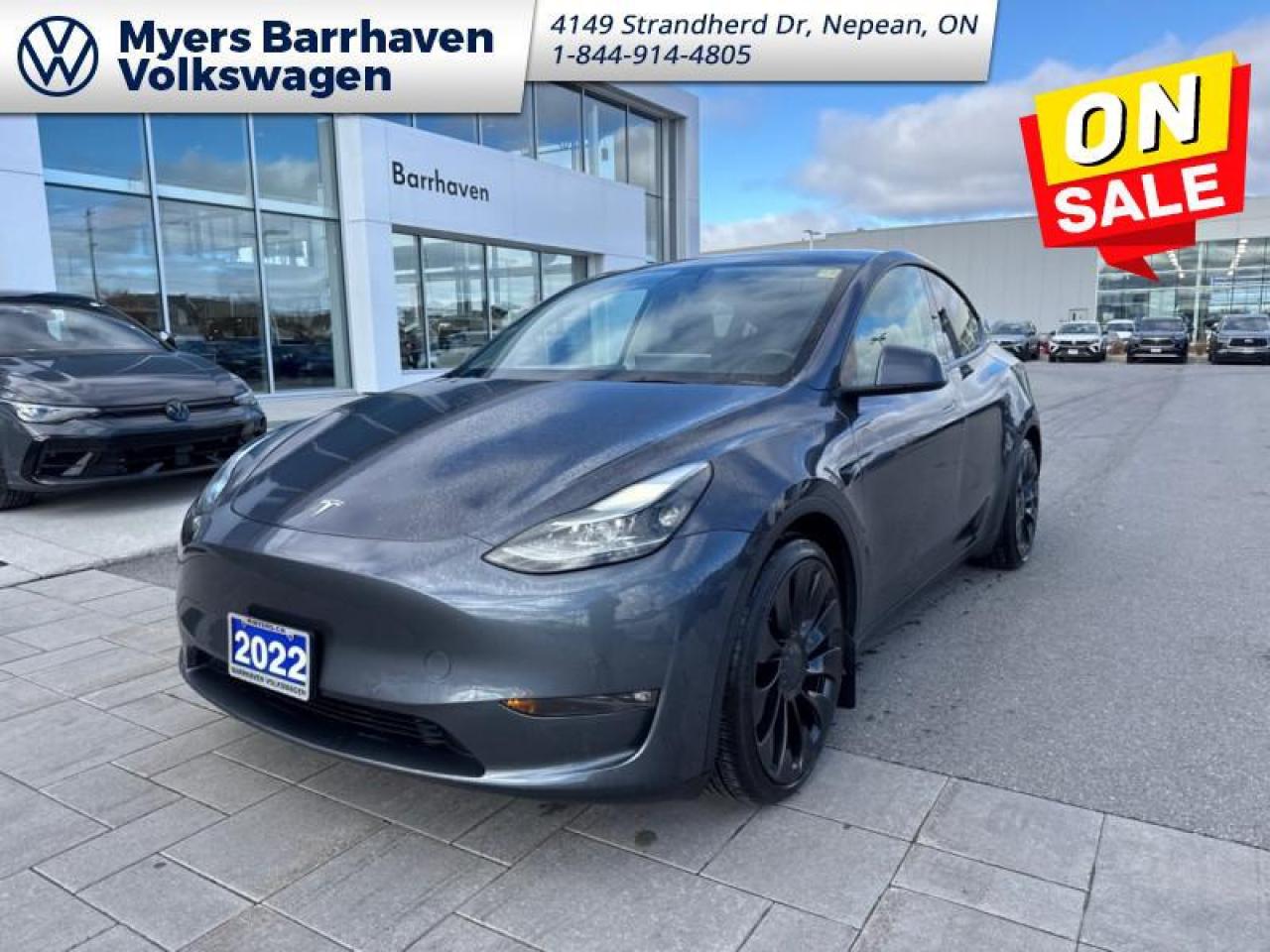 <b>Sport Package,  Fast Charging,  Synthetic Leather Seats,  360 Camera,  Sunroof!</b><br> <br>  Hurry on this one! Marked down from $40998 - you save $3000.The 2022 Tesla Model Y is an extremely versatile and capable mid-size electric SUV. This 2022 Tesla Model Y is for sale today in Nepean. <br> <br>This 2022 Tesla Model Y is engineered to masterfully blend efficient EV driving dynamics with unparalleled versatility, capability, and protection. The exterior styling features fluid and minimalist body lines with exemplary aerodynamic design, to create an overall attractive package. The interior space is a tech-lovers dream, loaded with cutting-edge connectivity and infotainment systems, in addition to well-built interior panels and premium trim materials. With impressive cargo volume, unmatched driving range and a host of safety features, the 2022 Tesla Model Y is a bona fide electric SUV offering. This SUV has 97,923 km. Its Gray in colour and is completely accident free based on the <a href=https://vhr.carfax.ca/?id=g5LzqpyiTmZtKCmWmqJg5Oq+DhsWczJZ target=_blank>CARFAX Report</a>. It has an Automatic transmission and is powered by a Electric engine. <br> <br> Our Model Ys trim level is Performance AWD. Thrills and excitement are in excess with this Model Y Performance, loaded with unique performance aluminum wheels, sport-tuned suspension, full-time all-wheel-drive, aggressive exterior styling, and premium heated bucket seats. Also standard is an air filtration system, a sonorous 14 speaker premium audio system, a large tinted sunroof with UV ray protection, and an immersive 15-inch infotainment screen, bundled with smart routing navigation, satellite radio, video streaming, internet browsing and premium mobile connectivity. Additional features include adaptive cruise control, blind-spot detection, lane departure warning, lane keep assist, 40-20-40 split folding rear seats, LED lights, a 360 degree camera, and much more. This vehicle has been upgraded with the following features: Sport Package, Fast Charging, Synthetic Leather Seats, 360 Camera, Sunroof, Premium Audio, Power Liftgate.<br> <br>To apply right now for financing use this link: <a href=https://www.barrhavenvw.ca/en/form/new/financing-request-step-1/44 target=_blank>https://www.barrhavenvw.ca/en/form/new/financing-request-step-1/44</a><br><br> <br/><br> Buy this vehicle now for the lowest bi-weekly payment of <b>$281.67</b> with $0 down for 84 months @ 8.99% APR O.A.C. ((Plus applicable taxes and fees - Some conditions apply to get approved at the mentioned rate)     ).  See dealer for details. <br> <br>We are your premier Volkswagen dealership in the region. If youre looking for a new Volkswagen or a car, check out Barrhaven Volkswagens new, pre-owned, and certified pre-owned Volkswagen inventories. We have the complete lineup of new Volkswagen vehicles in stock like the GTI, Golf R, Jetta, Tiguan, Atlas Cross Sport, Volkswagen ID.4 electric vehicle, and Atlas. If you cant find the Volkswagen model youre looking for in the colour that you want, feel free to contact us and well be happy to find it for you. If youre in the market for pre-owned cars, make sure you check out our inventory. If you see a car that you like, contact 844-914-4805 to schedule a test drive.<br> Come by and check out our fleet of 50+ used cars and trucks and 70+ new cars and trucks for sale in Nepean.  o~o