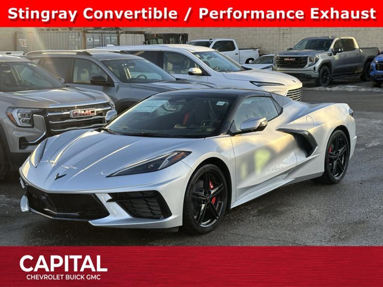 This Chevrolet Corvette delivers a Gas V8 6.2L/ engine powering this Automatic transmission. WHEELS, 19 X 8.5 (48.3 CM X 21.6 CM) FRONT AND 20 X 11 (50.8 CM X 27.9 CM) REAR 5-SPLIT-SPOKE GLOSS BLACK FORGED ALUMINUM, TRANSMISSION, 8-SPEED DUAL CLUTCH, INCLUDES MANUAL AND AUTO MODES (STD), SEATS, GT1 BUCKET (STD).*This Chevrolet Corvette Comes Equipped with These Options *BATTERY PROTECTION PACKAGE , SEAT BELT COLOUR, TORCH RED, LPO, DARK STEALTH CROSSED FLAGS EMBLEM, FRONT Genuine Corvette Accessory, EXHAUST, PERFORMANCE aggressive exhaust sound varies with driver mode selected, with stainless-steel tips (5 hp and torque increase., EXHAUST TIPS, BLACK, ENGINE, 6.2L V8 DI, HIGH-OUTPUT Variable Valve Timing (VVT), Active Fuel Management (AFM) (490 hp [365.4 kW] @ 6450 rpm, 465 lb-ft of torque [627.8 N-m] @ 5150 rpm) (STD), CONVERTIBLE TOP, CARBON FLASH-PAINTED NACELLES AND ROOF, CALIPERS, BRIGHT RED-PAINTED, BLADE SILVER METALLIC, 1LT PREFERRED EQUIPMENT GROUP includes standard equipment.* Visit Us Today *Stop by Capital Chevrolet Buick GMC Inc. located at 13103 Lake Fraser Drive SE, Calgary, AB T2J 3H5 for a quick visit and a great vehicle!