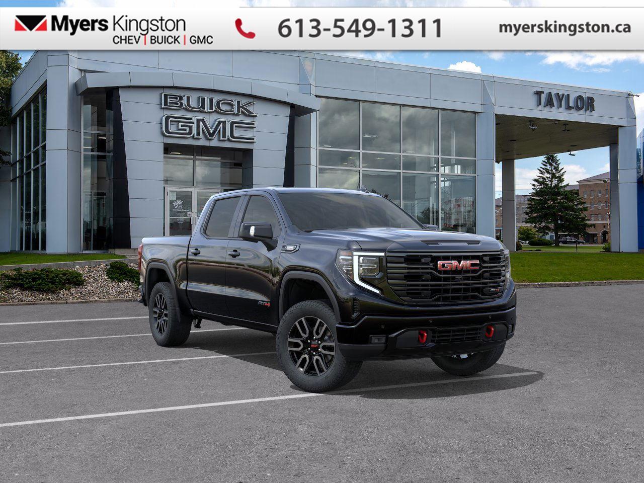 Trailering Package,  Off-Road Suspension,  Adaptive Cruise Control,  Wireless Charging,  360 Camera!    No matter where you?re heading or what tasks need tackling, there?s a premium and capable Sierra 1500 that?s perfect for you.  This 2026 GMC Sierra 1500 stands out in the midsize pickup truck segment, with bold proportions that create a commanding stance on and off road. Next level comfort and technology is paired with its outstanding performance and capability. Inside, the Sierra 1500 supports you through rough terrain with expertly designed seats and robust suspension. This amazing 2026 Sierra 1500 is ready for whatever.  This Onyx Black sought after diesel Crew Cab 4X4 pickup   has an Automatic transmission and is powered by a  305HP 3.0L Straight 6 Cylinder Engine.  Our Sierra 1500s trim level is AT4. This trim delivers a commanding blend of rugged off-road performance and premium refinement, featuring a factory-installed 2-inch lift, monotube shocks, skid plates, and red recovery hooks for confident trail capability. Inside, the cabin is tailored for comfort with perforated leather bucket seats, heating and ventilation for front passengers, heated rear outboard seats, dual-zone climate control, and advanced tech like a 13.4-inch Premium GMC Infotainment System with Google built-in, Bose premium audio, wireless Apple CarPlay, Android Auto, and wireless charging. Convenience is elevated with a 12.3-inch reconfigurable Driver Information Centre, adaptive cruise control, keyless open and start, remote start, and a power-adjustable steering column. The versatile MultiPro Tailgate, spray-on bedliner, and integrated trailering technology with Hitch View, Hitch Guidance, Trailer Side Blind Zone Alert, and HD Surround Vision enhance everyday utility, while GMC Pro Safety adds confidence through features like Forward Collision Alert, Lane Keep Assist, Automatic Emergency Braking, and Rear Cross Traffic Braking. This vehicle has been upgraded with the following features: Trailering Package,  Off-Road Suspension,  Adaptive Cruise Control,  Wireless Charging,  360 Camera,  Park Assist,  Cooled Seats.  To apply right now for financing use this link: https://www.taylorautomall.com/finance/apply-for-financing/  See dealer for details.  HST, licensing, and Federal luxury tax (if applicable) are extra.  Come by and check out our fleet of 50+ used cars and trucks and 190+ new cars and trucks for sale in Kingston.  o~o
