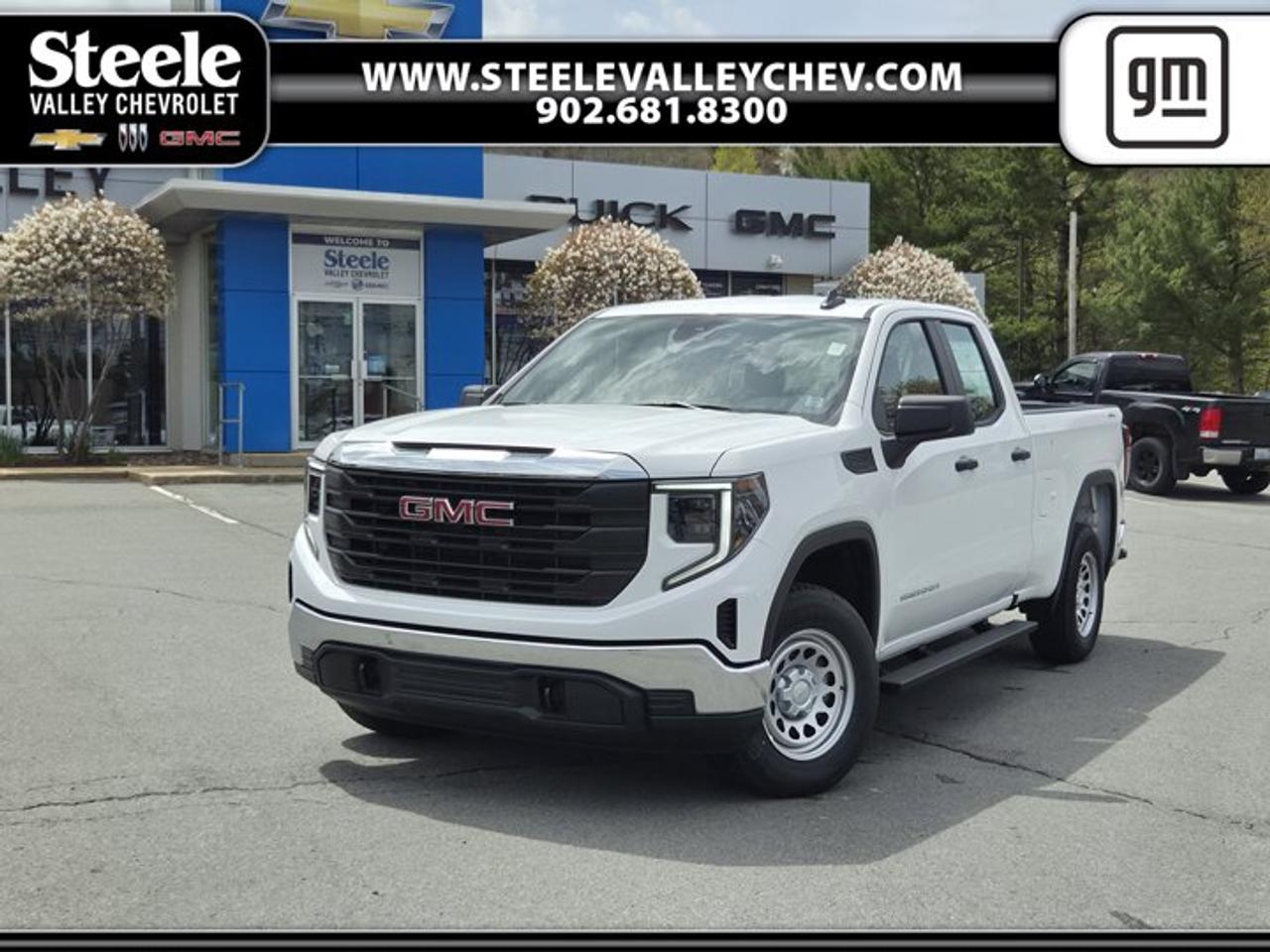 TRANSMISSION, 10-SPEED AUTOMATIC, (COLUMN SHIFTER) ELECTRONICALLY CONTROLLED with overdrive and tow/haul mode. Includes Cruise Grade Braking and Powertrain Grade Braking, REAR AXLE, 3.23 RATIO, ENGINE, 5.3L ECOTEC3 V8 (355 hp [265 kW] @ 5600 rpm, 383 lb-ft of torque [518 Nm] @ 4100 rpm); featuring Dynamic Fuel Management (Includes (KW7) 170-amp alternator and (MHT) 10-speed automatic transmission., Wireless, Apple CarPlay / Wireless Android Auto, Windows, power rear, express down (Not available on Regular Cab models.), Windows, power front, drivers express up/down, Window, power front, passenger express down, Wi-Fi Hotspot capable (Terms and limitations apply. See onstar.ca or dealer for details.), Wheels, 17 x 8 (43.2 cm x 20.3 cm) painted steel, Silver, Wheel, 17 x 8 (43.2 cm x 20.3 cm) full-size, steel spare. This GMC Sierra 1500 has a powerful Gas V8 5.3L/325 engine powering this Automatic transmission.*This GMC Sierra 1500 Pro Has Everything You Want *USB Ports, 2, Charge/Data ports located on instrument panel, Transfer case, single speed, electronic Autotrac with push button control (4WD models only), Tires, 255/70R17 all-season, blackwall, Tire, spare 255/70R17 all-season, blackwall (Included with (QBN) 255/70R17 all-season, blackwall tires.), Tire Pressure Monitoring System, auto learn includes Tire Fill Alert (does not apply to spare tire), Tire carrier lock keyed cylinder lock that utilizes same key as ignition and door (Deleted with (ZW9) pickup bed delete.), Taillamps, LED LED signature taillight and Fade-on/Fade-off animation, incandescent stop, turn and reverse light, Tailgate, standard (Deleted with (ZW9) pickup bed delete.), Tailgate, locking utilizes same key as ignition and door (Deleted with (ZW9) pickup bed delete or (QK2) GMC MultiPro Tailgate.), Tailgate, gate function manual, no lift assist (Deleted with (ZW9) pickup bed delete or (QK2) GMC MultiPro Tailgate.), Tailgate and bed rail protection caps, top, Steering, Electric Power Steering (EPS) assist, rack-and-pinion, Steering wheel, urethane, Steering column, Tilt-Wheel, manual with wheel locking security feature, Steering column lock, electrical, StabiliTrak, stability control system with Proactive Roll Avoidance and traction control, includes electronic trailer sway control and hill start assist, Seats, front 40/20/40 split-bench with covered armrest storage and under-seat storage (lockable), Seat, rear 60/40 folding bench (folds up), 3-passenger (includes child seat top tether anchor) (Not available with Regular Cab model.), Seat trim, Vinyl, Seat Belt Adjustable Guide Loops, front row only (Included and only available with Crew Cab or Double Cab models.).* Stop By Today *Stop by Steele Valley Chevrolet Buick GMC Cadillac located at 9184 Commercial Street, New Minas, NS, NS B4N3V9 for a quick visit and a great vehicle!*Disclaimer*Please verify all information with a Steele Valley representative.
