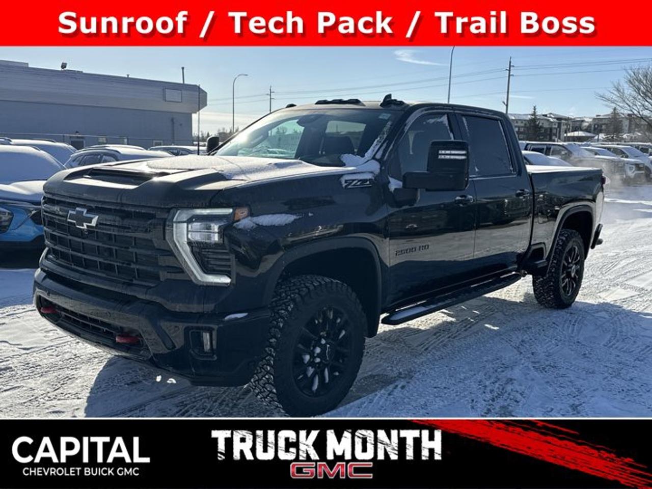 This Chevrolet Silverado 2500HD boasts a Turbocharged Diesel V8 6.6L/ engine powering this Automatic transmission. Z71 OFF-ROAD PACKAGE includes (Z71) Off-Road suspension with off-road tuned twin tube Rancho shocks, (JHD) Hill Descent Control and (NZZ) skid plates (transfer case and oil pan), TRANSMISSION, 10-SPEED AUTOMATIC, TRAIL BOSS PACKAGE Includes black grille bar with Chevy Black Bow Tie, Black grille inserts, (SRI) 20 High gloss Black painted wheels, (VB5) High Gloss Black painted front bumper, (VT5) High Gloss Black painted rear bumper, (UGA) Red Tow Hooks, (QFG) LT275/65R20 BF Goodrich off-road tires, Black skid plate, Black badging, Black bowtie on horn pad, (DP6) High Gloss Black mirror caps, Black hood vent surround, High Gloss Black door handles and (CGN) Chevytec spray-on bedliner. Includes Black beltline mouldings..*This Chevrolet Silverado 2500HD Comes Equipped with These Options *TECHNOLOGY PACKAGE includes (DRZ) Rear Camera Mirror and (UV6) Multicolour 15 Diagonal Head-Up Display, LTZ PLUS PACKAGE includes (PCZ) LTZ Convenience Package and (PQB) Safety Package, LTZ CONVENIENCE PACKAGE II includes (A48) Rear sliding power window, (UG1) Universal Home Remote, (KA6) Rear Heated Outboard seats and (KSG) Adaptive Cruise Control. , LTZ PREFERRED EQUIPMENT GROUP includes standard equipment, LPO, OFF-ROAD HIGH CLEARANCE STEPS (dealer-installed), LPO, HARD FOLDING TRUCK BED COVER BY REALTRUCK ADVANTAGE (dealer-installed), LPO, ALL-WEATHER FLOOR LINERS 1st and 2nd rows, (includes Z71 logo on front mats), LAMPS, SMOKED AMBER ROOF MARKER, (LED), HIGH IDLE SWITCH, GVWR, 11,300 LBS. (5126 KG).* Visit Us Today *Test drive this must-see, must-drive, must-own beauty today at Capital Chevrolet Buick GMC Inc., 13103 Lake Fraser Drive SE, Calgary, AB T2J 3H5.