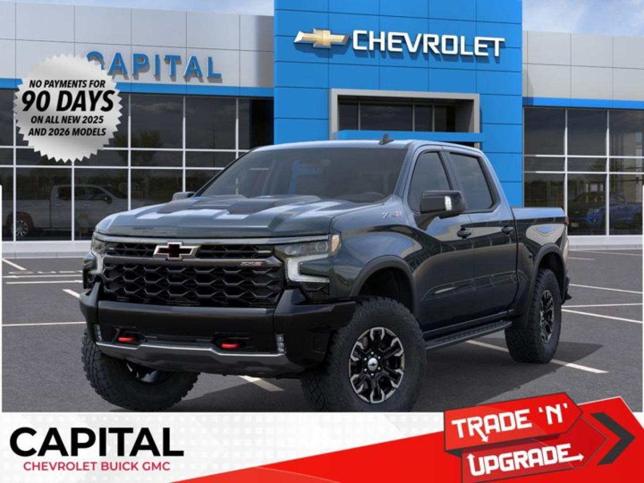 This Chevrolet Silverado 1500 delivers a Turbocharged Diesel I6 3.0L/ engine powering this Automatic transmission. ZR2 PREFERRED EQUIPMENT GROUP includes standard equipment, TRANSMISSION, 10-SPEED AUTOMATIC WITH ELECTRONIC TRANSMISSION RANGE SELECTOR (ETRS), electronically controlled with overdrive, tow-haul mode and steering column paddle shifters. Includes Cruise Grade Braking and Powertrain Grade Braking (STD), SUNROOF, POWER on Crew Cab models.*This Chevrolet Silverado 1500 Comes Equipped with These Options *REAR AXLE, 3.23 RATIO, LPO, OFF-ROAD HIGH CLEARANCE STEPS (dealer-installed), LICENSE PLATE KIT, FRONT, GVWR, 7300 LBS. (3311 KG) (STD), ENGINE, DURAMAX 3.0L TURBO-DIESEL I6 (305 hp [227 kW] @ 3750 rpm, 495 lb-ft of torque [671 Nm] @ 2750 rpm) (Includes (KW5) 220-amp alternator and (K05) engine block heater.) (STD), CYPRESS GREY, Wireless phone projection for Apple CarPlay and Android Auto, Wireless Charging (Not compatible with all phones. Compliant batteries include Qi and PMA technologies. Reference Mobile devices manual to confirm what type of battery it uses.), Wipers, front rain-sensing, Windows, power rear, express down.* Visit Us Today *Come in for a quick visit at Capital Chevrolet Buick GMC Inc., 13103 Lake Fraser Drive SE, Calgary, AB T2J 3H5 to claim your Chevrolet Silverado 1500!