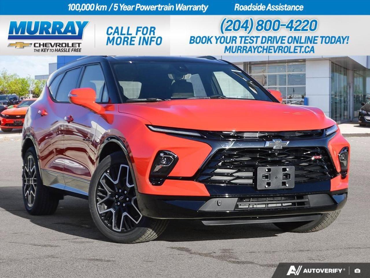 *SAFETY PLUS PACKAGE* *TRANSMISSION 9-SPEED AUTOMATIC* *JET BLACK WITH RED ACCENTS PERFORATED LEATHER-APPOINTED SEAT TRIM*  Experience the 2026 Chevrolet Blazer RS, a standout Sport Utility vehicle that merges dynamic style with advanced technology. This Blazer in vibrant Habanero Orange is a head-turner, accentuated by 21 high gloss black wheels with a machined face. The 3.6L V6 engine delivers a robust 308 horsepower, coupled with a 9-speed automatic transmission for seamless driving in and around Winnipeg.  Immerse yourself in luxury with a jet black interior featuring striking red accents on perforated leather-appointed seats. The Safety Plus Package ensures peace of mind with features like HD Surround Vision and Enhanced Automatic Emergency Braking. Enjoy modern conveniences such as a heated steering wheel, panoramic roof, and an innovative hands-free liftgate.  Stay connected with the Chevrolet Infotainment 3 Plus system, equipped with smart device integration and a WiFi hotspot. The Blazer RS is designed to provide an unparalleled driving experience, whether youre navigating city streets or exploring the scenic routes around the region.  DisplayTrim: SAFETY PLUS PACKAGE Dealer Permit #1740