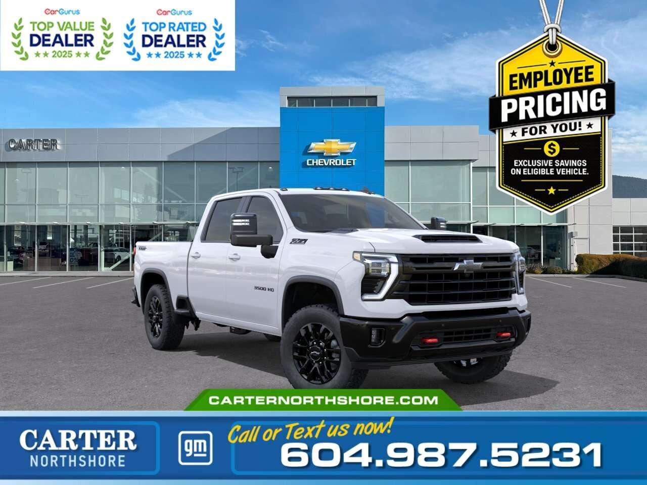 <b>GREAT NEWS EMPLOYEE PRICING IS BACK!</b> Take advantage of exclusive Employee Pricing on eligible new vehicles and enjoy exceptional value for a limited time. This is your opportunity to save on the vehicle youve been waiting for while inventory lasts. Contact us today to confirm your eligibility and discover the available offers on your preferred model. Take on tough jobs with confidence in this 2026 Chevrolet Silverado 3500HD LT Trail Boss. Powered by the Duramax 6.6L turbo diesel engine and equipped with 4WD, Z71 Off-Road Package, and Trail Boss styling, this truck is built for work and adventure. Enjoy leather seating, heated front seats and steering wheel, HD Surround Vision, 13.4" touchscreen display, trailer camera provisions, and advanced towing technology. The bold black accents and rugged off-road design make this heavy-duty truck stand out anywhere. Come take it for a test drive today and experience all this stylish vehicle has to offer! <b>WHY CARTER GM NORTHSHORE?</b> - An unrivalled vehicle purchasing experience! - Exceeding our loyal customers expectations since 1990 - 4.7 Google star rating (with 1,700+ customer reviews) - CarGurus Top-Rated Dealer 2025 Award - CarGurus Top Value Dealer 2025 Award - Vehicle trades welcome! Best price guaranteed! - We provide upfront pricing, zero hidden fees, and 100% transparency - Fast approvals and 99% acceptance rates (no matter your current credit status!) - Multilingual staff (many languages spoken) - Comfortable non-pressured environment with in-store television, WIFI and a childrens play area! <p><img src=https://gmtadvantage-com.cdn-convertus.com/uploads/sites/16/2025/09/Carter-GM-Burnaby-Car-Gurus-Awards-2025.png alt="" width="300" height="77" /></p> Were here to help you drive the vehicle you want, the vehicle you deserve! <b>QUESTIONS? GREAT! WEVE GOT ANSWERS!</b> To speak with a friendly vehicle specialist - <b>CALL NOW!</b> <small>The advertised price includes all standard dealer fees and any applicable manufacturer or dealer incentives. It does not include applicable taxes, licensing, insurance, or optional products or services. Dealer fees will be clearly broken out and itemized on the bill of sale, maximum total of fees $699.00. Prices are shown in Canadian dollars. While we make every effort to ensure accuracy, vehicle details, pricing, options, and availability are subject to change without notice. Please confirm all information with dealership sales management before purchase. Dealer Code: 81121</small>