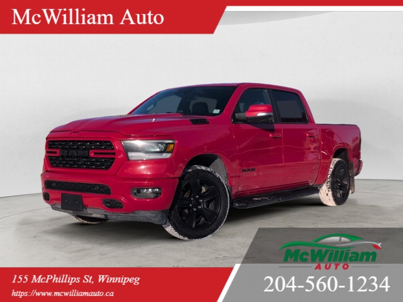 2022 RAM 1500 Sport Crew Cab 4x4<br data-start=in.363in. data-end=in.366in. /> Exterior Color: Flame Red<br data-start=in.391in. data-end=in.394in. /> Interior Color: Black interior with black seats<br data-start=in.441in. data-end=in.444in. /> Seating: Vinyl front bucket seats with cloth inserts<br data-start=in.496in. data-end=in.499in. /> Engine: 5.7L HEMI VVT V8 engine with FuelSaver MDS<br data-start=in.549in. data-end=in.552in. /> Transmission: 8speed automatic transmissionMECHANICAL / POWERTRAIN<br data-start=in.625in. data-end=in.628in. /> 5.7L HEMI VVT V8 engine with FuelSaver MDS. 8speed automatic transmission. Fourwheel drive (4x4) drivetrain. Trailer sway control. Brake assist. Electronic stability control. Hill start assist. Traction control. Electronic roll mitigation. Ready alert braking. Rain brake support. ParkView rear backup camera. Power adjustable pedals. Tow capability features as applicable.EXTERIOR FEATURES<br data-start=in.1065in. data-end=in.1068in. /> Flame Red exterior finish. Crew Cab body configuration. Automatic headlights with auto highbeam functionality. Bodycolored door handles. Dual exhaust tips. Exterior mirrors with turn signal indicators. Heated exterior mirrors. Power folding exterior mirrors. Cargo lamp with high mount stop light. Deep tinted glass. Backup camera system. Rear step bumper. USB mobile projection and variable intermittent wipers.INTERIOR FEATURES & COMFORT<br data-start=in.1553in. data-end=in.1556in. /> Black interior with vinyl front bucket seats and cloth inserts. Front heated seats. Heated steering wheel. Dualzone automatic temperature control. Front and rear floor mats. Front center and rear center armrests with storage where equipped. Power adjustable pedals. Heated mirror integration. Power windows and locks. Tilt and telescoping steering column. Cupholders front and rear. Storage bins and map pockets. Illuminated vanity mirrors. Secondrow seating with underseat storage.TECHNOLOGY & INFOTAINMENT<br data-start=in.2110in. data-end=in.2113in. /> Uconnect 5 multimedia system with 12inch touchscreen display. Navigationready capability. Bluetooth handsfree communication and audio streaming. Apple CarPlay and Android Auto compatibility. SiriusXM satellite radio capability with ondemand content. USB charging ports and media hub connections. Alpine premium audio system with multiple speakers and subwoofer integration where equipped. Vehicle information and trip computer displays.SAFETY & DRIVER ASSIST SYSTEMS<br data-start=in.2627in. data-end=in.2630in. /> FullSpeed Forward Collision Warning with active braking. Advanced multistage front airbags. Supplemental front seatmounted side airbags. Supplemental side curtain airbags. Electronic stability control. Traction control. Hill start assist. ParkView rear backup camera. Trailer sway control. Brake assist and ready alert braking support. Rain brake support and other integrated braking systems.CONVENIENCE & SECURITY<br data-start=in.3091in. data-end=in.3094in. /> Remote proximity keyless entry system. Remote start system. Universal garage door opener. Power adjustable pedals. Power mirrors. Cruise control. Pushbutton start. Steering wheel audio and phone controls. Rear underseat compartment storage. Dualzone automatic climate control. Power windows with onetouch up and down where equipped.<br><br> SUMMARY OF TECH FEATURES<br data-start=in.3498in. data-end=in.3501in. /> 12inch touchscreen infotainment display with Uconnect 5 NAV, connected travel and traffic services, Bluetooth streaming, SiriusXM with ondemand content, Apple CarPlay, Android Auto, and multiple USB charging ports.