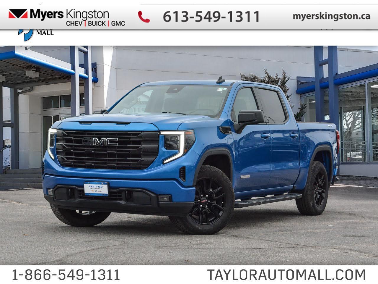 Aluminum Wheels,  Remote Start,  Apple CarPlay,  Android Auto,  Streaming Audio!  Capable on road, relentless off road and completely composed when hauling a load, this professional grade GMC Sierra 1500 is easily the best work and leisure truck you could own. This 2022 GMC Sierra 1500 is for sale today in Kingston.  This redesigned GMC Sierra 1500 stands out against all other pickup trucks, with sharper, more powerful proportions that creates a commanding stance on and off the road. Next level comfort and technology is paired with its outstanding performance and capability. Inside, the Sierra 1500 supports you through rough terrain with expertly designed seats and a pro grade suspension. Inside, youll find an athletic and purposeful interior, designed for your active lifestyle. Get ready to live like a pro in this amazing GMC Sierra 1500! This Crew Cab 4X4 pickup has 77,196 km. Its Dynamic Blu Metallic in colour. It has an Automatic transmission and is powered by a 310HP 2.7L 4 Cylinder Engine.   Our Sierra 1500s trim level is Elevation. Upgrading to this GMC Sierra 1500 Elevation is a great choice as it comes loaded with a monochromatic exterior featuring a black gloss grille and unique aluminum wheels, a massive 13.4 inch touchscreen display with wireless Apple CarPlay and Android Auto, wireless streaming audio, SiriusXM, plus a 4G LTE hotspot. Additionally, this pickup truck also features IntelliBeam LED headlights, remote engine start, forward collision warning and lane keep assist, a trailering package, LED cargo area lighting, teen driver technology plus so much more! This vehicle has been upgraded with the following features: Aluminum Wheels, Remote Start, Apple CarPlay, Android Auto, Streaming Audio, Teen Driver, Locking Tailgate. To apply right now for financing use this link: https://www.taylorautomall.com/finance/apply-for-financing/  Buy this vehicle now for the lowest bi-weekly payment of $269.96 with $0 down for 96 months @ 8.99% APR O.A.C. ( Plus applicable taxes -  Plus applicable fees   ).  See dealer for details.  For more information, please call any of our knowledgeable used vehicle staff at (613) 549-1311! Come by and check out our fleet of 30+ used cars and trucks and 180+ new cars and trucks for sale in Kingston.  o~o