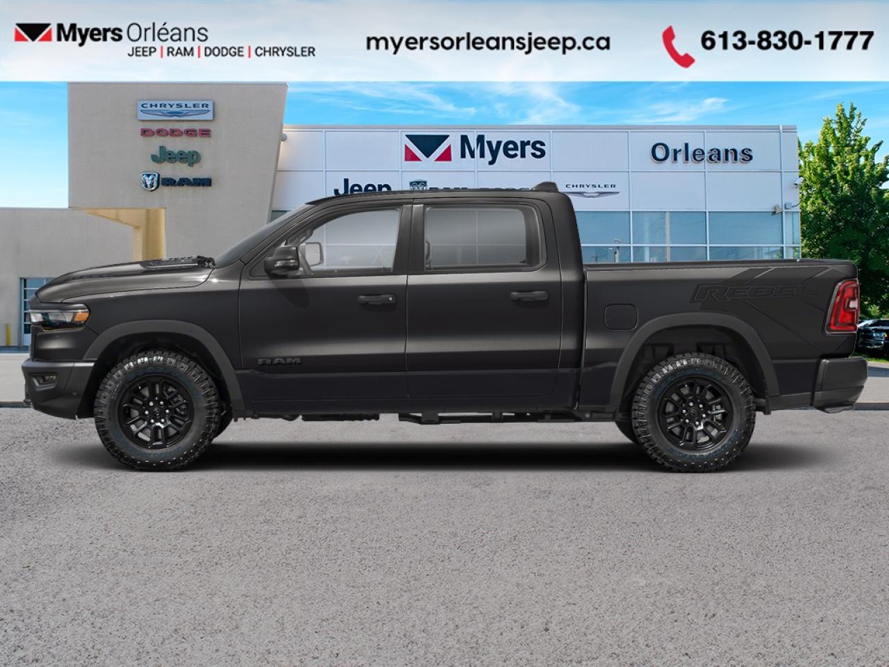 <b>Leather Seats, Sunroof, Technology Group!</b><br> <br> Built tough yet crafted for comfort, the 2026 Ram 1500 sets a new standard for modern pickup performance. <br> <br>The Ram 1500s unmatched luxury transcends traditional pickups without compromising its capability. Loaded with best-in-class features, its easy to see why the Ram 1500 is so popular. With the most towing and hauling capability in a Ram 1500, as well as improved efficiency and exceptional capability, this truck has the grit to take on any task.<br> <br>This Diamond Black Crystal Pearl Crew Cab 4X4 pickup has an Automatic transmission and is powered by a 420HP 3.0L Straight 6 Cylinder Engine. <br> <br> Our 1500s trim level is Rebel. This Ram 1500 in the Rebel trim offers off-roading suspension with Bilstein dampers, and rewards you with a leather-wrapped heated steering wheel, a 360 camera system, a 10-speaker Alpine audio, and a 12-inch infotainment screen with inbuilt navigation, Apple CarPlay and Android Auto, and 4G LTE Wi-Fi hotspot. Additional features include class IV towing equipment, black off-road wheels with black fender flares, power adjustable pedals, intersection collision assist, evasion assist, lane keep assist with lane departure warning, and even more! This vehicle has been upgraded with the following features: Leather Seats, Sunroof, Technology Group.<br><br> View the original window sticker for this vehicle with this url <b><a href=http://www.chrysler.com/hostd/windowsticker/getWindowStickerPdf.do?vin=1C6SRFLP5TN293497 target=_blank>http://www.chrysler.com/hostd/windowsticker/getWindowStickerPdf.do?vin=1C6SRFLP5TN293497</a></b>.<br> <br>To apply right now for financing use this link: <a href=https://www.myersorleansjeep.ca/apply-for-financing/ target=_blank>https://www.myersorleansjeep.ca/apply-for-financing/</a><br><br> <br/> Total  rebate of $8250 is reflected in the price.   4.99% financing for 96 months. <br> Buy this vehicle now for the lowest weekly payment of <b>$244.17</b> with $0 down for 96 months @ 4.99% APR O.A.C. ( Plus applicable taxes -  **Rebates may not be applicable on all purchase types [cash, lease, or finance]. Eligibility and conditions may vary. Please see dealer for full details and confirmation of eligibility.   / Total Obligation of $101573  ).  Incentives expire 2026-02-02.  See dealer for details. <br> <br>The road to new driving experiences begins in our inventory, where youll find an incredible array of brand-new cars, trucks, minivans, and SUVs, including two of our bestselling models, the Dodge Ram 1500 and the Dodge Grand Caravan. If you want to know what the cutting edge of automotive technology looks like, all you have to do is visit Myers Orleans Jeep! Each model comes loaded with the convenient features and cool technology that help make every trip memorable. Looking for additional everyday luxury at a price thats incredibly wallet-friendly? Choose from our selection of quality pre-owned models! If you can think of a road, our friendly and knowledgeable sales team will help you find the perfect vehicle to drive it.<br><br>We may be a well-established dealership thats been part of the community for many years, but that doesnt mean were stuck in the past! At Myers Orleans Jeep, were proud to provide a fresh, modern approach to car buying. Using our array of online tools, you can browse our extensive inventory, schedule a service appointment, order parts, and even apply for credit from wherever youve got a connection. Our goal is to create relationships that will last, and we know that the best way to do this is by providing a dealership experience thats based on honesty, transparency, trust, and a commitment to customers. Stop by today and discover all the ways we go above and beyond for you.<br><br> Come by and check out our fleet of 50+ used cars and trucks and 70+ new cars and trucks for sale in Orleans.  o~o