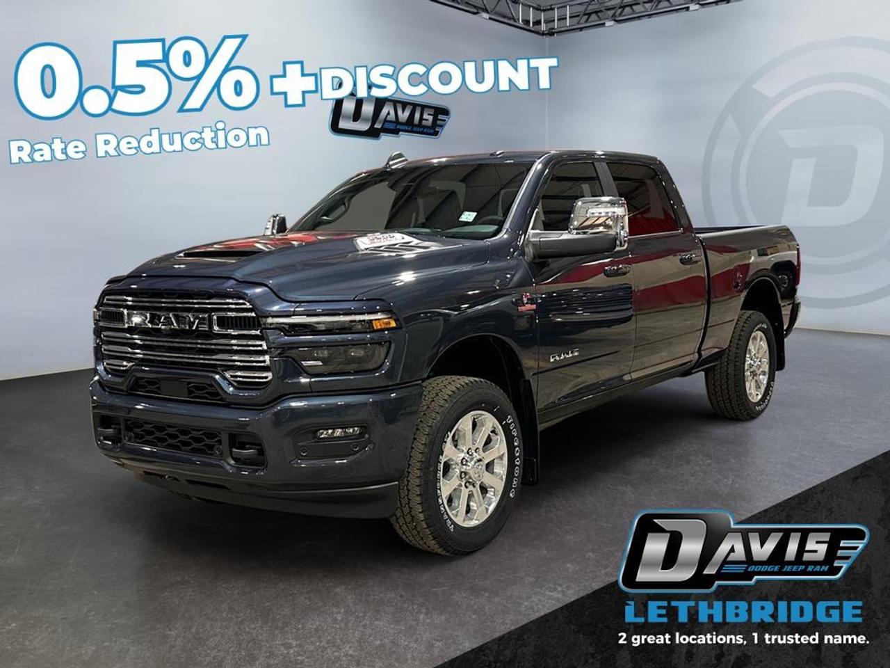 <b>Navigation, Heated Seats, Blind Spot Detection, Remote Start, Heated Steering Wheel!<br /> <br /></b><br /> <br /> <br />The 2026 Ram 3500 Laramie blends rugged capability with premium comfort. Powered by a 6.7L I6 Cummins High-Output Turbo Diesel and 8-speed TorqueFlite HD automatic transmission, this 4x4 truck is built for towing and heavy-duty performance with Class V hitch, trailer brake control, and 5th-wheel/gooseneck prep.<br /><br />Inside, enjoy leather-trimmed heated and ventilated bucket seats, dual-zone climate control, Uconnect 5 with 12-inch touchscreen, Apple CarPlay, Android Auto, Alexa Built-In, 4G LTE Wi-Fi, and premium Alpine audio. Safety and convenience features include adaptive cruise control, full-speed forward collision warning, ParkView rear camera, ParkSense park assist, blind-spot monitoring, and traffic sign recognition.<br /><br />Premium Laramie touches, modern tech, and diesel power make this 3500 ready for both work and long drives.<br /> <br />To apply right now for financing use this link: <a href=https://lethbridge.davisdodge.ca/free-credit-check/ target=_blank rel=nofollow noopener noreferrer>https://lethbridge.davisdodge.ca/free-credit-check/</a><br /><br /> <br /><br />As a premier Chrysler, Dodge, Jeep and RAM dealership, Davis Dodge proudly offers an extensive selection of new and used vehicles to meet every drivers needs. Customers across Lethbridge, Fort Macleod, Taber, Claresholm, Coaldale, and beyond trust us for daily vehicle specials, certified service and parts, and a seamless online inventory experience. <br /><br /> With competitive financing options and expert support, we make car buying easy and enjoyable. <br /><br /> Ready to hit the road? Schedule your test drive today at Davis Dodge, your trusted Chrysler, Dodge, Jeep and RAM dealer in Lethbridge, Alberta.<br /><br /> Vehicle pricing offer shown expires 2026-03-31. <br /> Come by and check out our fleet of 60+ used cars and trucks and 120+ new cars and trucks for sale in Lethbridge. o~o