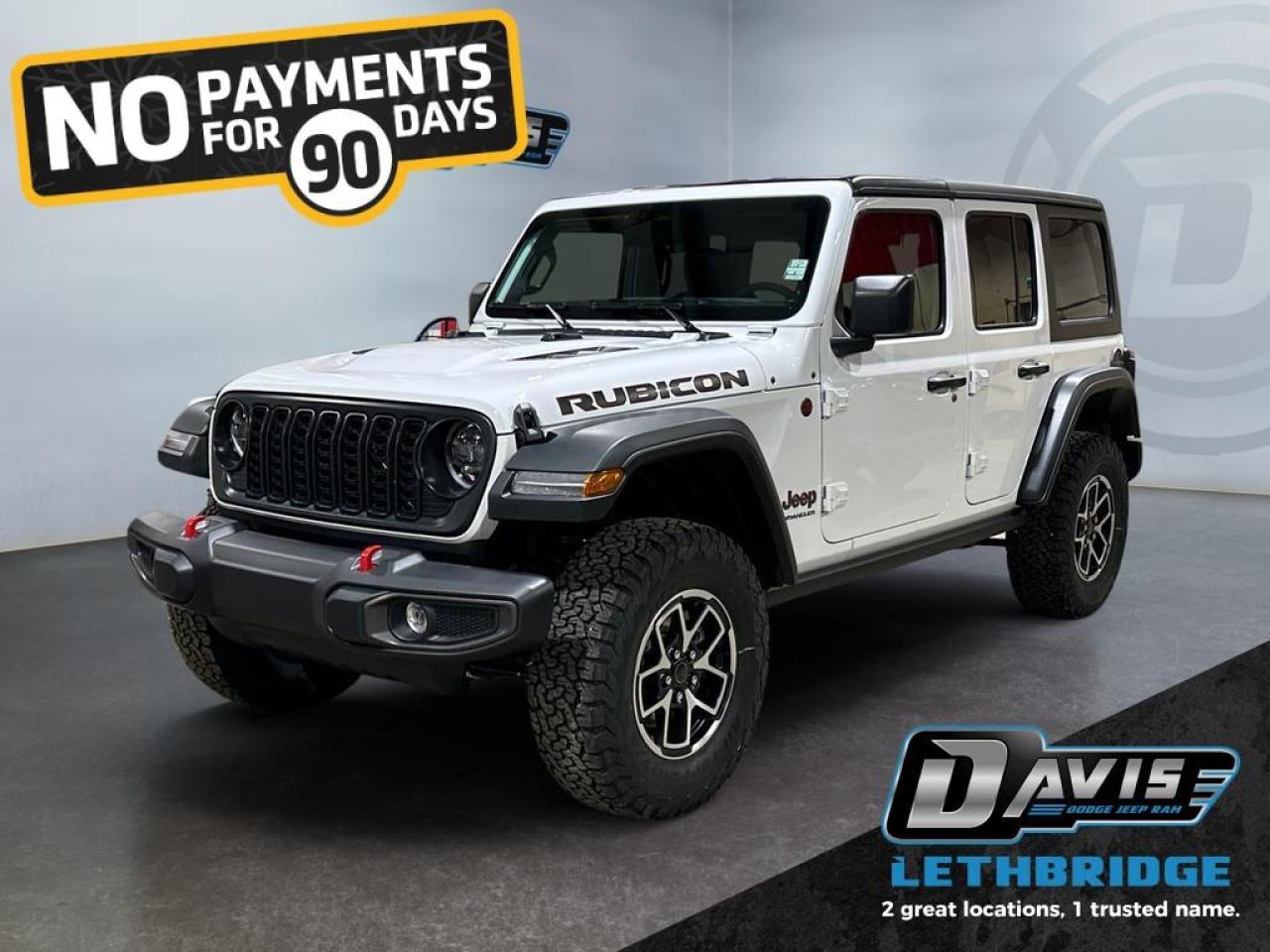<b>Off-Road Suspension, Adaptive Cruise Control, Heated Seats and Wheel, Collision Mitigation, Powered Front Seats!<br /> <br /></b><br /> <br /> <br />This 2026 Jeep Wrangler Rubicon delivers true off-road performance with its 3.6L Pentastar V6, 8-speed automatic, Rock-Trac 4x4, front and rear locking differentials, electronic sway bar disconnect, and 33-inch all-terrain tires. The Rubicons raised suspension, heavy-duty axles, and skid plates make it trail-ready from day one.<br /><br />Inside, enjoy Uconnect with Apple CarPlay/Android Auto, premium Rubicon interior accents, push-button start, and a wash-out interior designed for adventure. Standard safety includes a backup camera, traction and stability control, and hill-start assist.<br /><br />A rugged, trail-focused Wrangler with unbeatable capability  perfect for off-road enthusiasts and year-round adventure.<br /> <br />To apply right now for financing use this link: <a href=https://lethbridge.davisdodge.ca/free-credit-check/ target=_blank rel=nofollow noopener noreferrer>https://lethbridge.davisdodge.ca/free-credit-check/</a><br /><br /> <br /><br />As a premier Chrysler, Dodge, Jeep and RAM dealership, Davis Dodge proudly offers an extensive selection of new and used vehicles to meet every drivers needs. Customers across Lethbridge, Fort Macleod, Taber, Claresholm, Coaldale, and beyond trust us for daily vehicle specials, certified service and parts, and a seamless online inventory experience. <br /><br /> With competitive financing options and expert support, we make car buying easy and enjoyable. <br /><br /> Ready to hit the road? Schedule your test drive today at Davis Dodge, your trusted Chrysler, Dodge, Jeep and RAM dealer in Lethbridge, Alberta.<br /><br /> Vehicle pricing offer shown expires 2026-03-31. <br /> Come by and check out our fleet of 70+ used cars and trucks and 130+ new cars and trucks for sale in Lethbridge. o~o