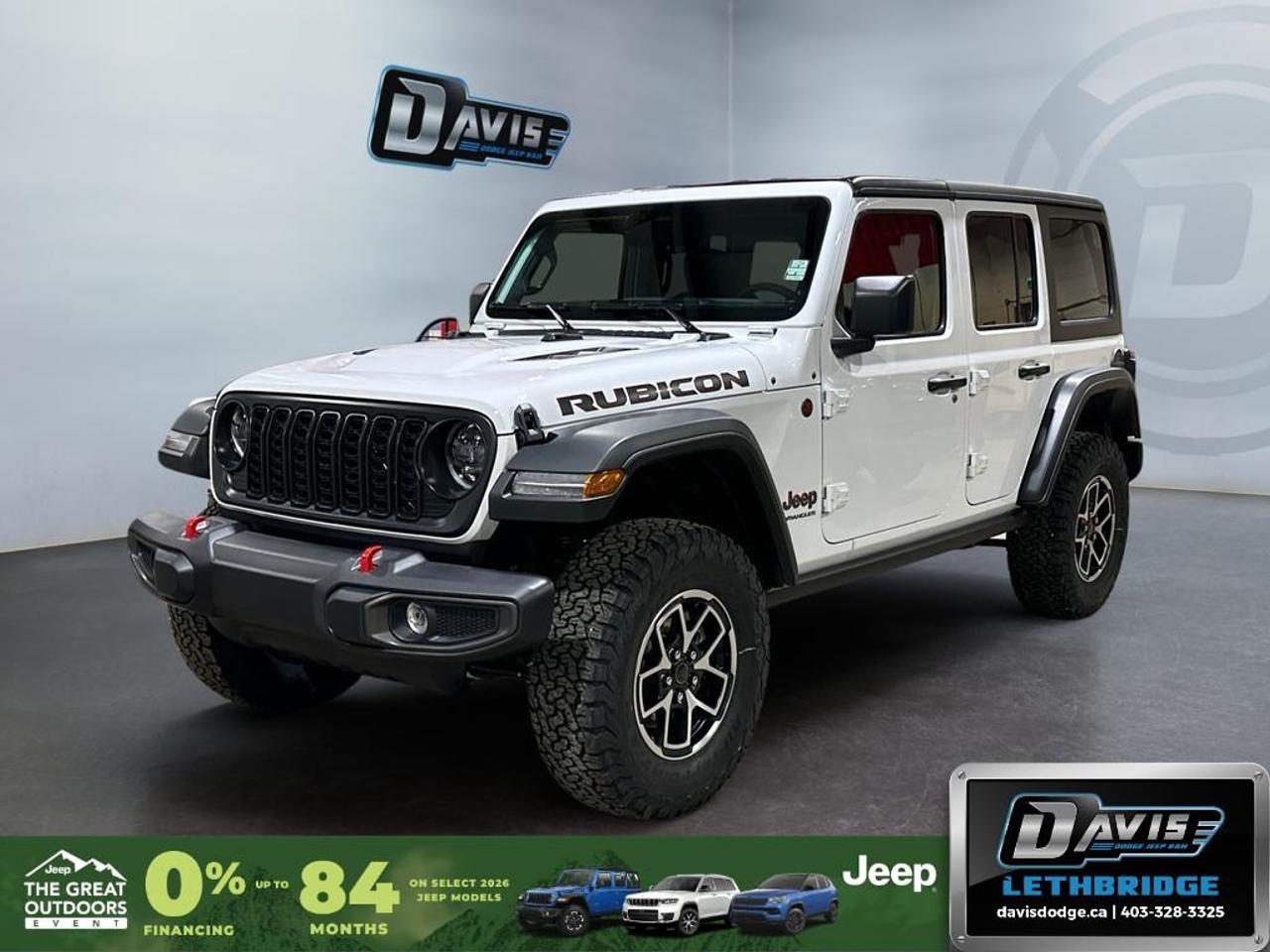 <b>Off-Road Suspension, Adaptive Cruise Control, Heated Seats and Wheel, Collision Mitigation, Powered Front Seats!<br /> <br /></b><br /> This 2026 Jeep Wrangler Rubicon delivers true off-road performance with its 3.6L Pentastar V6, 8-speed automatic, Rock-Trac 4x4, front and rear locking differentials, electronic sway bar disconnect, and 33-inch all-terrain tires. The Rubicons raised suspension, heavy-duty axles, and skid plates make it trail-ready from day one.<br /><br />Inside, enjoy Uconnect with Apple CarPlay/Android Auto, premium Rubicon interior accents, push-button start, and a wash-out interior designed for adventure. Standard safety includes a backup camera, traction and stability control, and hill-start assist.<br /><br />A rugged, trail-focused Wrangler with unbeatable capability  perfect for off-road enthusiasts and year-round adventure.<br /> <br />To apply right now for financing use this link: <a href=https://lethbridge.davisdodge.ca/free-credit-check/ target=_blank rel=nofollow noopener noreferrer>https://lethbridge.davisdodge.ca/free-credit-check/</a><br /> <br /><br />As a premier Chrysler, Dodge, Jeep and RAM dealership, Davis Dodge proudly offers an extensive selection of new and used vehicles to meet every drivers needs. Customers across Lethbridge, Fort Macleod, Taber, Claresholm, Coaldale, and beyond trust us for daily vehicle specials, certified service and parts, and a seamless online inventory experience. <br /><br /> With competitive financing options and expert support, we make car buying easy and enjoyable. <br /><br /> Ready to hit the road? Schedule your test drive today at Davis Dodge, your trusted Chrysler, Dodge, Jeep and RAM dealer in Lethbridge, Alberta.<br /><br /> Vehicle pricing offer shown expires 2026-06-30. <br /> Come by and check out our fleet of 60+ used cars and trucks and 100+ new cars and trucks for sale in Lethbridge. o~o