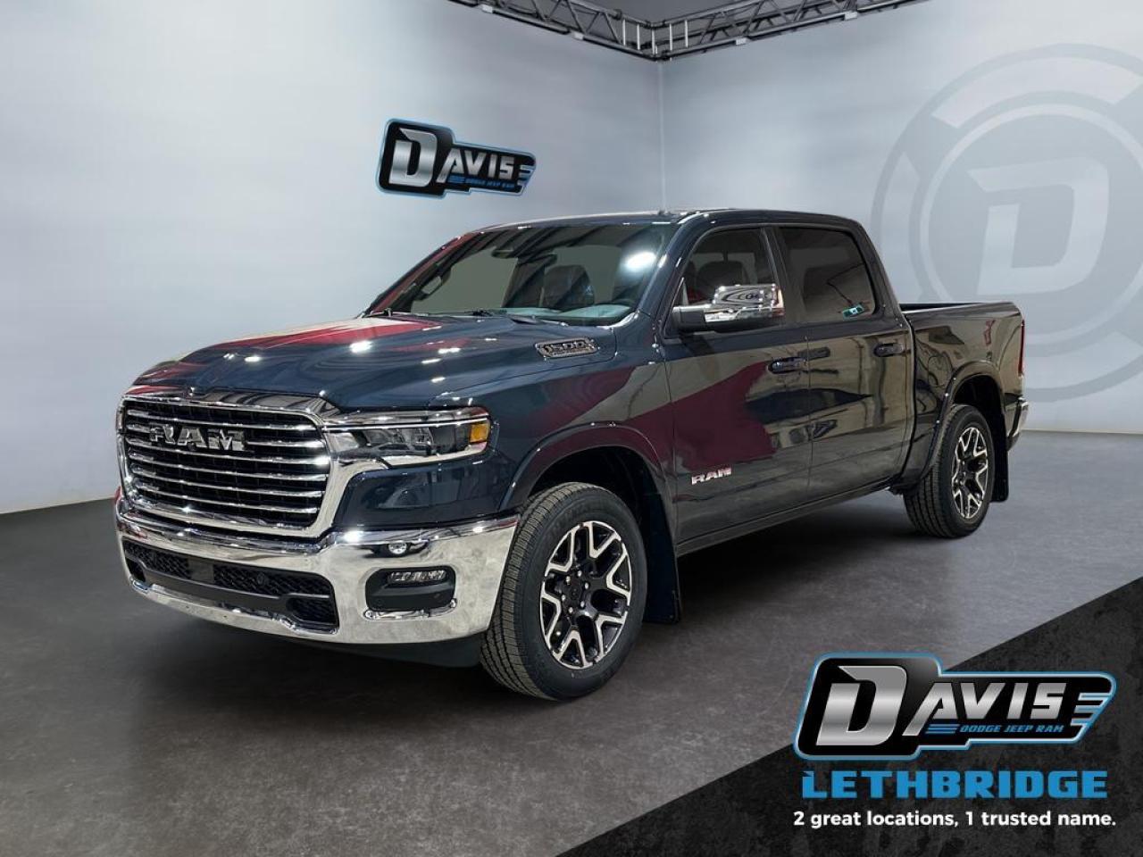 <b>Adaptive Cruise, Navigation, Apple CarPlay and Android Auto, Driver Seat/Mirrors/Pedals Memory!<br /> <br /></b><br /> <br /> <br />The 2026 Ram 1500 Laramie in Black delivers the perfect balance of luxury, technology, and rugged capability. Powered by a 3.0L I6 Hurricane Twin-Turbo engine paired with an 8-speed automatic transmission and 4x4 drivetrain, this crew cab offers smooth handling, a 3.92 rear axle ratio, and raised standard ride height for confidence on every road.<br /><br />Inside, experience leather-trimmed bucket seats with heating, ventilated front seats, 12 Uconnect 5 NAV touchscreen, Apple CarPlay, Android Auto, GPS navigation, and wireless charging. The cabin also features power 8-way driver and passenger seats with memory, heated second-row seats, full-length upgraded floor console, dual-zone climate control, and premium storage compartments.<br /><br />Safety is top-of-mind with Adaptive Cruise Control with Stop & Go, Blind Spot and Cross Path Detection, Active Lane Management System, ParkView Rear Camera, Pedestrian Emergency Braking, and Full-Speed Forward Collision Warning. Additional highlights include remote start, dual chrome exhaust tips, chrome grille and accents, 20 premium wheels, capless fuel fill, and Class IV receiver hitchready for work or adventure.<br /> <br />To apply right now for financing use this link: <a href=https://www.bridgecitychrysler.com/pre-approval/ target=_blank rel=nofollow noopener noreferrer>https://www.bridgecitychrysler.com/pre-approval/</a><br /><br /> <br /><br />As a premier Chrysler, Dodge, Jeep and RAM dealership, Bridge City Chrysler proudly offers an extensive selection of new and used vehicles to meet every drivers needs. Customers across Lethbridge, Fort Macleod, Taber, Claresholm, Coaldale, and beyond trust us for daily vehicle specials, certified service and parts, and a seamless online inventory experience. <br /><br /> With competitive financing options and expert support, we make car buying easy and enjoyable. <br /><br /> Ready to hit the road? Schedule your test drive today at Bridge City Chrysler, your trusted Chrysler, Dodge, Jeep and RAM dealer in Lethbridge, Alberta.<br /><br /> Vehicle pricing offer shown expires 2026-01-31. <br /> Come by and check out our fleet of 80+ used cars and trucks and 120+ new cars and trucks for sale in Lethbridge. o~o