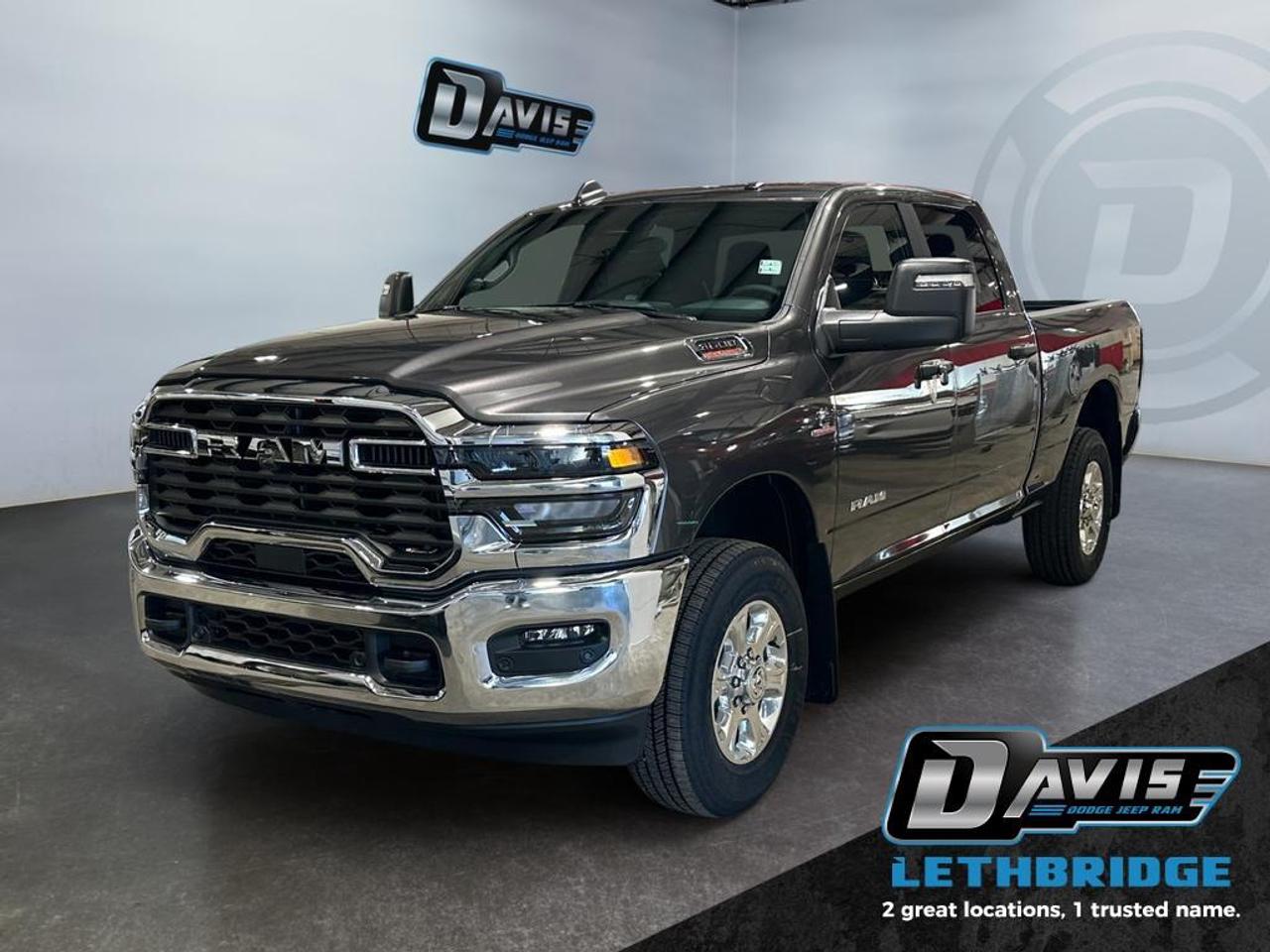 <b>Power Mirrors, ParkSense, Adaptive Cruise Control, Mobile Hotspot, Collision Mitigation!<br /> <br /></b><br /> <br /> <br />The 2026 Ram 3500 Big Horn delivers serious heavy-duty capability powered by the 6.7L Cummins High-Output Turbo Diesel engine paired with the 8-speed TorqueFlite HD automatic transmission. Built for demanding worksites and maximum towing performance, it includes the 5th-wheel/gooseneck prep package, anti-spin rear axle, diesel exhaust brake, heavy-duty engine cooling, trailer brake control, and a Class V hitch. Granite Crystal Metallic paint, chrome bumpers, LED headlights and fog lamps, and polished 18-inch aluminum wheels give it a bold and durable exterior.<br /><br />Inside the Crew Cab, this Big Horn offers premium comfort with a cloth 40/20/40 bench seat, power 8-way drivers seat with lumbar, rear folding seats, in-floor storage, dual glove boxes, carpeted floors, and advanced sound insulation for a quieter ride. The Uconnect 5 system with an 8.4-inch touchscreen provides Apple CarPlay, Android Auto, Bluetooth, SiriusXM, Wi-Fi hotspot, and USB media ports, giving you seamless connectivity on the road.<br /><br />Safety and driver-assist technology include Adaptive Cruise Control with Stop, Forward Collision Warning Plus, ParkSense front and rear assist, a ParkView backup camera, LED hitch lamp, and selectable tire fill alert. Power-folding tow mirrors with utility lighting, spray-in bedliner, heavy-duty shocks, and a 31-gallon fuel tank complete this work-ready, high-performance Ram 3500 Tradesman Big Horn.<br /> <br />To apply right now for financing use this link: <a href=https://lethbridge.davisdodge.ca/free-credit-check/ target=_blank rel=nofollow noopener noreferrer>https://lethbridge.davisdodge.ca/free-credit-check/</a><br /><br /> <br /><br />As a premier Chrysler, Dodge, Jeep and RAM dealership, Davis Dodge proudly offers an extensive selection of new and used vehicles to meet every drivers needs. Customers across Lethbridge, Fort Macleod, Taber, Claresholm, Coaldale, and beyond trust us for daily vehicle specials, certified service and parts, and a seamless online inventory experience. <br /><br /> With competitive financing options and expert support, we make car buying easy and enjoyable. <br /><br /> Ready to hit the road? Schedule your test drive today at Davis Dodge, your trusted Chrysler, Dodge, Jeep and RAM dealer in Lethbridge, Alberta.<br /><br /> Vehicle pricing offer shown expires 2026-04-30. <br /> Come by and check out our fleet of 70+ used cars and trucks and 110+ new cars and trucks for sale in Lethbridge. o~o