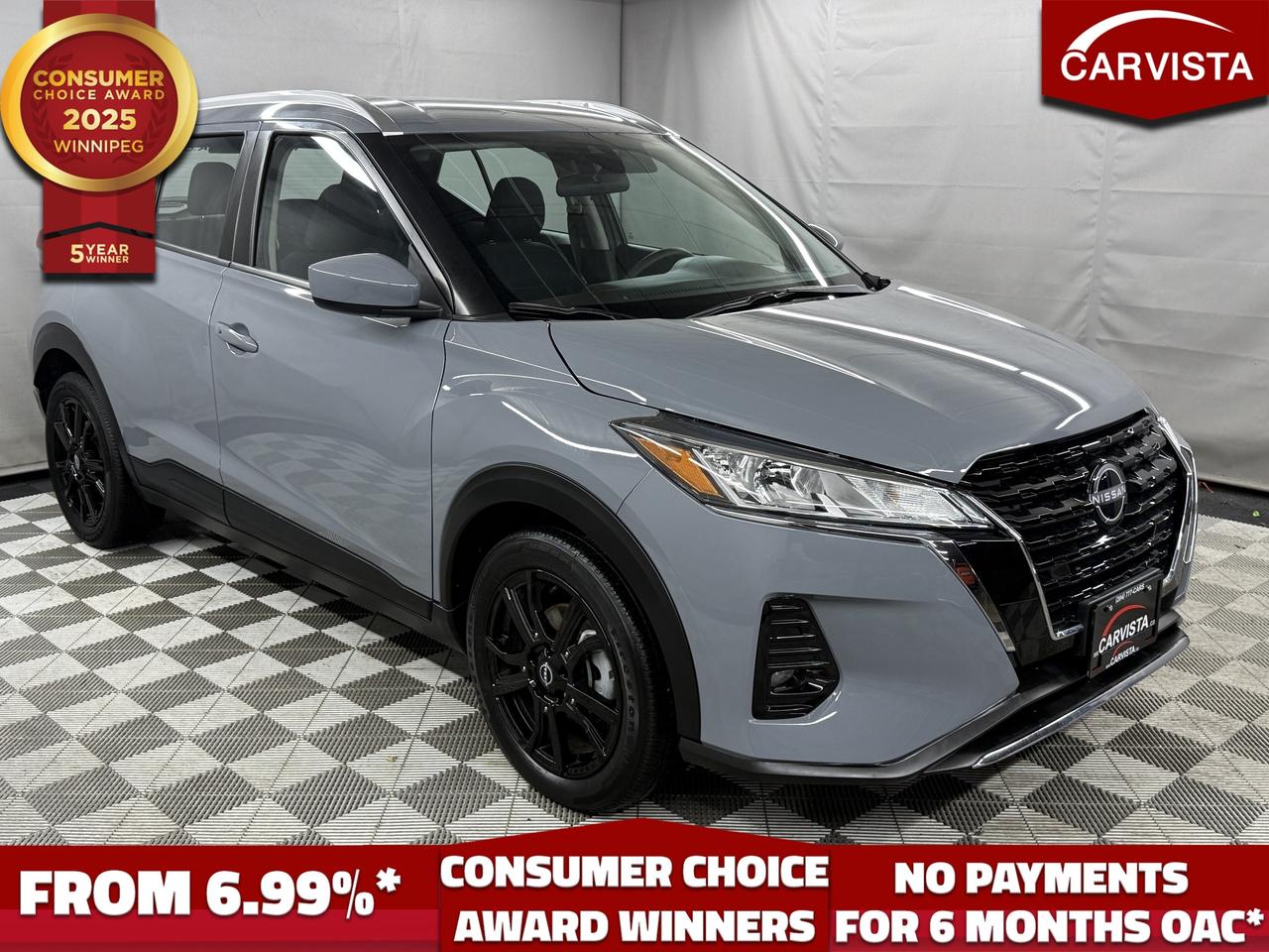 CONSECUTIVE COMSUMER CHOICE AWARD WINNERS!

HEATED SEATS/STEERING WHEEL, BLUETOOTH HANDSFREE, ADAPTIVE CRUISE CONTROL, REVERSE CAMERA, NO ACCIDENTS, 1 OWNER, FACTORY WARRANTY, ONLY 9000KM!

Enjoy incredible value, modern technology, and outstanding efficiency in this 2024 Nissan Kicks SV FWD, a clean 1 owner vehicle with no accidents, only 9,000KM, and excellent factory coverage remaining until December 19, 2028, or 100,000KM. The Kicks is designed for drivers who want practicality, style, and comfort without sacrificing fuel economy.

Powered by an efficient 1.6L engine, the Kicks delivers smooth, economical performance perfect for daily commuting and city driving. Inside, the cabin is surprisingly spacious and well equipped, featuring heated front seats, remote start, Apple CarPlay and Android Auto, a large touchscreen display, and Nissans Zero Gravity seating for exceptional long drive comfort. The SV trim adds great convenience features such as a leather wrapped steering wheel, alloy wheels, and upgraded interior accents.

Dependable, stylish, and packed with features, this 2024 Nissan Kicks SV offers the feel of a near new vehicle with ultra low mileage and substantial warranty remaining, making it the perfect choice for anyone seeking value, reliability, and modern comfort in one smart package.

5 years running, consecutive receivers of the prestigious Consumer Choice Award in 2021, 2022, 2023, 2024 and 2025! Low rate dealer arranged financing available! 
At Carvista we offer a unique buying experience, with no deceiving finance gimmicks and trades are welcome but not required! Carvista is a family operated business that has been in business for over 25 years, and has earned a A+ BBB Accreditation and outstanding consumer accolades. Offering 175 quality pre-owned vehicles, all are certified and Carfax verified, most with remaining factory warranty and a modern facility located on Winnipegs Regent Ave strip. We welcome you to visit us at 1201 Regent Ave W, at Carvista, and drive away in a like new vehicle for less. In many cases we can offer no payments for 6 months! Dont let your trade or credit stop you, we accept any kind, any time. CARVISTA.CA, "Where the deals are".
 Prices and payments exclude GST OR PST Carvista Inc. 
Dealer Permit # 1211, Category: Used Vehicle 
Please verify all ad details with a Carvista sales person, vehicle may not be exactly as shown.