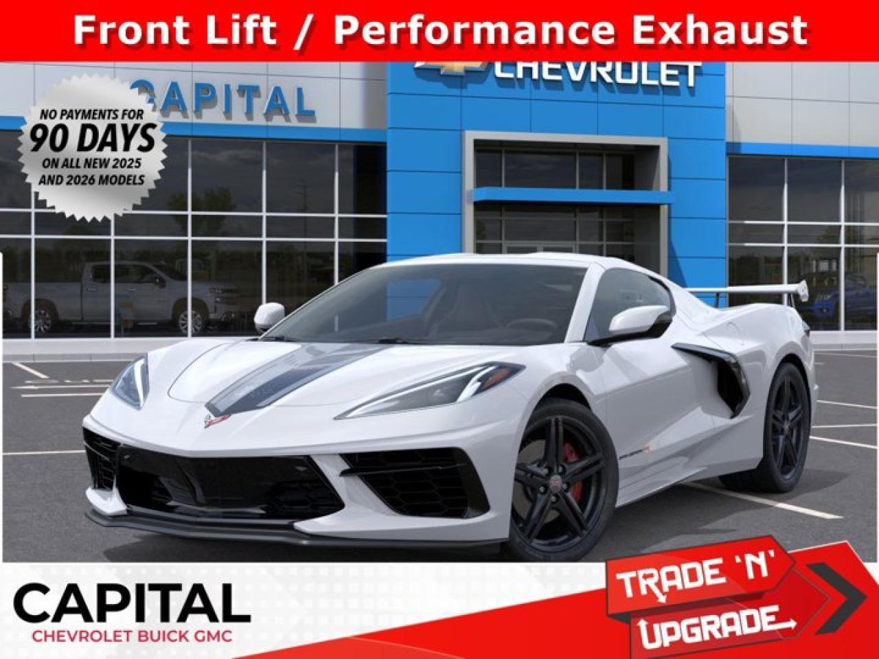 This Chevrolet Corvette boasts a Gas V8 6.2L/ engine powering this Automatic transmission. WHEELS, 19 X 8.5 (48.3 CM X 21.6 CM) FRONT AND 20 X 11 (50.8 CM X 27.9 CM) REAR 5-SPLIT-SPOKE GLOSS BLACK FORGED ALUMINUM, TRANSMISSION, 8-SPEED DUAL CLUTCH, INCLUDES MANUAL AND AUTO MODES (STD), SEATS, GT2 BUCKET.* This Chevrolet Corvette Features the Following Options *LPO, STINGRAY R APPEARANCE PACKAGE includes (SB7) Corvette Racing Themed Graphics Package with Jake and Stingray R logos and (VWD) Stingray R logo wheel centre caps, Genuine Corvette Accessory, LPO, CORVETTE RACING THEMED GRAPHICS PACKAGE with Jake and Stingray R logos, Genuine Corvette Accessory, BATTERY PROTECTION PACKAGE , SEAT BELT COLOUR, TORCH RED, LPO, STINGRAY R LOGO WHEEL CENTRE CAPS. Genuine Corvette Accessory, LPO, HIGH WING SPOILER, BODY-COLOUR Genuine Corvette Accessory, LPO, CUSTOM SPLASH GUARDS, BLACK Genuine Corvette Accessory, FRONT LIFT ADJUSTABLE HEIGHT WITH MEMORY includes (TR7) automatic headlamp levelling system, EXHAUST, PERFORMANCE aggressive exhaust sound varies with driver mode selected, with stainless-steel tips (5 hp and torque increase., EXHAUST TIPS, BLACK.* Visit Us Today *A short visit to Capital Chevrolet Buick GMC Inc. located at 13103 Lake Fraser Drive SE, Calgary, AB T2J 3H5 can get you a dependable Corvette today!