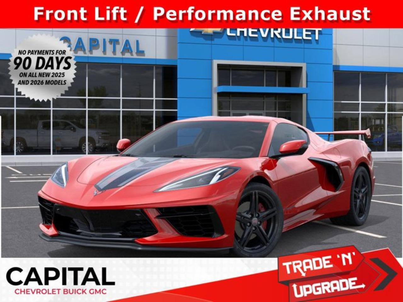 This Chevrolet Corvette delivers a Gas V8 6.2L/ engine powering this Automatic transmission. WHEELS, 19 X 8.5 (48.3 CM X 21.6 CM) FRONT AND 20 X 11 (50.8 CM X 27.9 CM) REAR 5-SPLIT-SPOKE GLOSS BLACK FORGED ALUMINUM, TRANSMISSION, 8-SPEED DUAL CLUTCH, INCLUDES MANUAL AND AUTO MODES (STD), SEATS, GT2 BUCKET.*This Chevrolet Corvette Comes Equipped with These Options *LPO, STINGRAY R APPEARANCE PACKAGE includes (SB7) Corvette Racing Themed Graphics Package with Jake and Stingray R logos and (VWD) Stingray R logo wheel centre caps, Genuine Corvette Accessory, LPO, CORVETTE RACING THEMED GRAPHICS PACKAGE with Jake and Stingray R logos, Genuine Corvette Accessory, BATTERY PROTECTION PACKAGE , SEAT BELT COLOUR, TORCH RED, LPO, STINGRAY R LOGO WHEEL CENTRE CAPS. Genuine Corvette Accessory, LPO, CUSTOM SPLASH GUARDS, BLACK Genuine Corvette Accessory, FRONT LIFT ADJUSTABLE HEIGHT WITH MEMORY includes (TR7) automatic headlamp levelling system, EXHAUST, PERFORMANCE aggressive exhaust sound varies with driver mode selected, with stainless-steel tips (5 hp and torque increase., EXHAUST TIPS, BLACK, ENGINE, 6.2L V8 DI, HIGH-OUTPUT Variable Valve Timing (VVT), Active Fuel Management (AFM) (490 hp [365.4 kW] @ 6450 rpm, 465 lb-ft of torque [627.8 N-m] @ 5150 rpm) (STD).* Visit Us Today *A short visit to Capital Chevrolet Buick GMC Inc. located at 13103 Lake Fraser Drive SE, Calgary, AB T2J 3H5 can get you a reliable Corvette today!