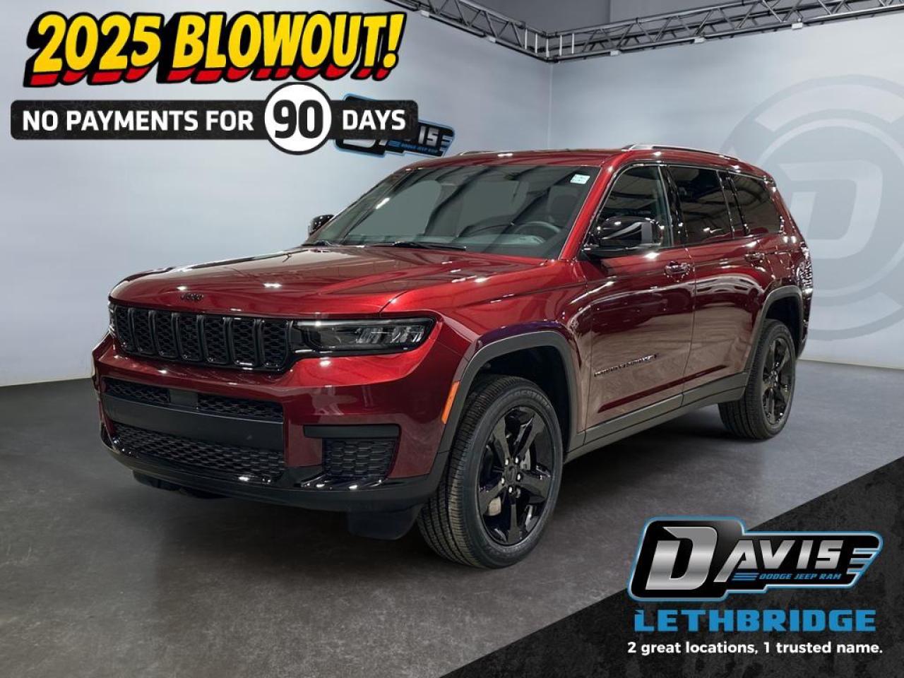 <b>Leather and Suede seats, Heated Seats, Heated Steering Wheel, Adaptive Cruise Control!<br /> <br /></b><br /> <br /> <br />The 2025 Jeep Grand Cherokee L Altitude 4x4 in Velvet Red Pearl delivers bold styling, strong V6 performance, and three-row practicality. Powered by a 3.6L Pentastar VVT V6 engine with ESS and an 8-speed automatic transmission, this SUV offers confident acceleration, smooth cruising, and dependable 4x4 capability for all-weather driving.<br /><br />Inside, the Altitude trim elevates comfort with Capri leatherette seats with suede inserts, a black headliner, front heated seats, a heated steering wheel, and tri-zone automatic climate control. Modern technology includes Uconnect 5 with an 8.4-inch touchscreen, a 10.25-inch digital gauge cluster, 4G LTE Wi-Fi hotspot, a wireless charging pad, third-row USB ports, and a power liftgate. This model also adds a power sunroof for an open, premium cabin experience.<br /><br />Safety and driver-assistance features include Adaptive Cruise Control with Stop & Go, Full-Speed Forward Collision Warning Plus, Pedestrian/Cyclist Emergency Braking, Active Lane Management, Blind-Spot Monitoring, Rear Cross-Path Detection, ParkView rear camera, and Park-Sense rear park assist. With its Gloss Black exterior accents, 20-inch Gloss Black aluminum wheels, and versatile three-row seating, this 2025 Grand Cherokee L Altitude 4x4 blends capability, style, and everyday family comfort.<br /> <br />To apply right now for financing use this link: <a href=https://www.bridgecitychrysler.com/pre-approval/ target=_blank rel=nofollow noopener noreferrer>https://www.bridgecitychrysler.com/pre-approval/</a><br /><br /> <br /><br />As a premier Chrysler, Dodge, Jeep and RAM dealership, Bridge City Chrysler proudly offers an extensive selection of new and used vehicles to meet every drivers needs. Customers across Lethbridge, Fort Macleod, Taber, Claresholm, Coaldale, and beyond trust us for daily vehicle specials, certified service and parts, and a seamless online inventory experience. <br /><br /> With competitive financing options and expert support, we make car buying easy and enjoyable. <br /><br /> Ready to hit the road? Schedule your test drive today at Bridge City Chrysler, your trusted Chrysler, Dodge, Jeep and RAM dealer in Lethbridge, Alberta.<br /><br /> Vehicle pricing offer shown expires 2026-01-31. <br /> Come by and check out our fleet of 80+ used cars and trucks and 120+ new cars and trucks for sale in Lethbridge. o~o