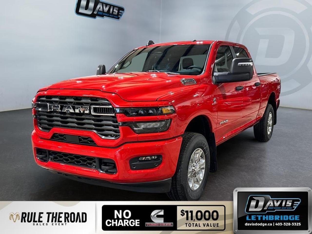 <p><strong>2026 Ram 3500 Big Horn 4x4 Crew Cab 6'4" Box</strong> in striking red finish offers a robust performance with its 4×4 drivetrain, ensuring confident handling on any terrain.</p> <p><strong>Exterior Features:</strong></p> <ul><li>Flame Red color for a compelling look</li><li>Spray in Bed Liner for durability</li><li>Heated Mirrors</li><li>Alloy Wheels</li></ul> <p><strong>Interior Features:</strong></p> <ul><li>Spacious cabin with seating for 6</li><li>Convenient Keyless Entry</li><li>Automatic air conditioning for optimal comfort</li><li>Bluetooth Connection for hands-free convenience</li></ul> <p><strong>Technology & Safety Features:</strong></p> <ul><li>Adaptive Cruise Control for a relaxed drive</li><li>Backup Camera for easier parking</li><li>Smart Device Integration and Satellite Radio for entertainment</li><li>Wi-Fi Hotspot to keep you connected</li><li>Advanced Brake Assist</li><li>Parking Sensors for enhanced safety</li></ul> <p>Ideal for families and professionals who require a reliable and powerful truck, the 2026 Ram 3500 Big Horn seamlessly combines comfort and capability. Contact Davis Dodge Lethbridge to learn more and drive home this outstanding truck.</p>