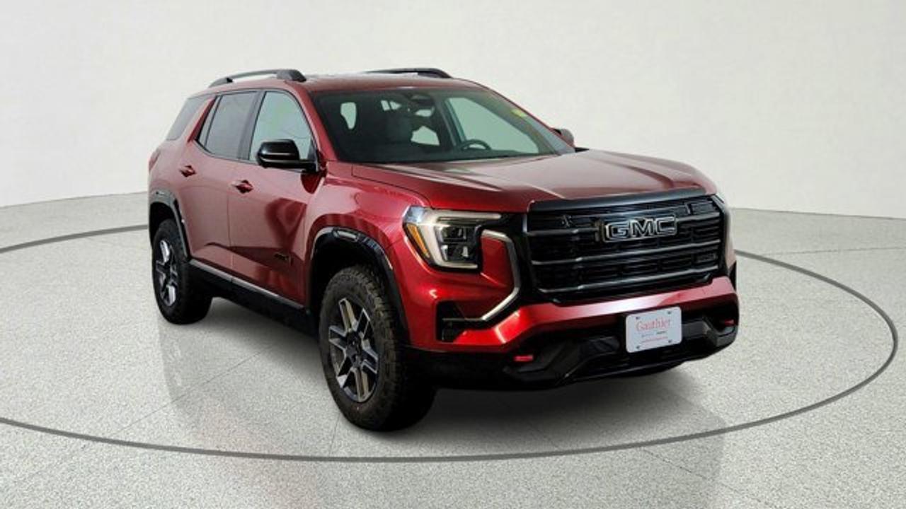 The 2026 GMC Terrain AT4 takes the compact SUV to adventurous new heights with a lifted ride height, a front skid plate with steel underbody shielding, and red recovery hooks paired with 17-inch dark-machined aluminum wheels wrapped in all-terrain tires for credible off-road chops. It also brings AT4-exclusive features like a selectable Terrain drive mode, all-wheel drive, hill descent control, and animated exterior lighting, while delivering everyday usability thanks to a 1.5 L turbocharged four-cylinder engine and 8-speed automatic transmission. Inside theres heated and ventilated seats and a power panoramic sunroof. Theres a full suite of safety and infotainment tech including a 15-inch touchscreen and Google-integrated connectivity and HD Surround vision. With a dual-zone climate control, heated front seats and steering wheel, and standard driver-assist systems, it balances rugged capability with modern comfort and convenience.