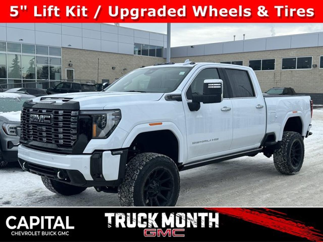 Accessories include: Rev Hard Folding Tonneau Cover, 5 inch lift kit and upgraded wheels & tires.This GMC Sierra 3500HD delivers a Turbocharged Diesel V8 6.6L/ engine powering this Automatic transmission. TRANSMISSION, 10-SPEED AUTOMATIC (STD), REAR AXLE, 3.42 RATIO, PREMIUM FLOOR LINERS WITH REMOVABLE CARPET INSERT, FRONT.*This GMC Sierra 3500HD Features the Following Options *LPO, HITCH PACKAGE Gooseneck ball and chain tiedown kit with case, (dealer-installed), HEAVY DUTY FRONT SPRING/CAMPER PACKAGE Note: If ordered for Camper usage, recommend ordering (UY2) Trailering wiring provisions, GOOSENECK / 5TH WHEEL PREP PACKAGE -- Hitch platform to accept Gooseneck or 5th Wheel hitch. Includes hitch platform with tray to accept ball, stamped bed holes with removable caps installed and bed mounted 7-pin trailer harness (similar to UY2 harness). , POLAR WHITE TRICOAT, LPO, CARGO TIE-DOWN RINGS, SET OF 4 (dealer-installed), LPO, BODY COLOUR WHEEL ARCH MOULDINGS (dealer-installed), HIGH IDLE SWITCH, ENGINE, DURAMAX 6.6L TURBO-DIESEL V8, B20-DIESEL COMPATIBLE (470 hp [350.5 kW] @ 2800 rpm, 975 lb-ft of torque [1322 Nm] @ 1600 rpm) (STD), DENALI ULTIMATE PREFERRED EQUIPMENT GROUP includes standard equipment, ALTERNATORS, DUAL, 220-AMPS PRIMARY, 170-AMPS AUXILIARY.*Visit Us Today *Stop by Capital Chevrolet Buick GMC Inc. located at 13103 Lake Fraser Drive SE, Calgary, AB T2J 3H5 for a quick visit and a great vehicle!