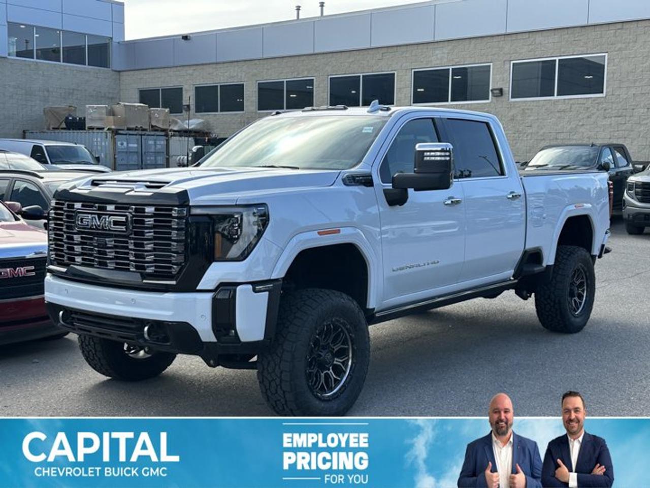 Accessories include: Rev Hard Folding Tonneau Cover, 5 inch lift kit and upgraded wheels & tires.This GMC Sierra 3500HD delivers a Turbocharged Diesel V8 6.6L/ engine powering this Automatic transmission. TRANSMISSION, 10-SPEED AUTOMATIC (STD), REAR AXLE, 3.42 RATIO, PREMIUM FLOOR LINERS WITH REMOVABLE CARPET INSERT, FRONT.*This GMC Sierra 3500HD Features the Following Options *LPO, HITCH PACKAGE Gooseneck ball and chain tiedown kit with case, (dealer-installed), HEAVY DUTY FRONT SPRING/CAMPER PACKAGE Note: If ordered for Camper usage, recommend ordering (UY2) Trailering wiring provisions, GOOSENECK / 5TH WHEEL PREP PACKAGE -- Hitch platform to accept Gooseneck or 5th Wheel hitch. Includes hitch platform with tray to accept ball, stamped bed holes with removable caps installed and bed mounted 7-pin trailer harness (similar to UY2 harness). , POLAR WHITE TRICOAT, LPO, CARGO TIE-DOWN RINGS, SET OF 4 (dealer-installed), LPO, BODY COLOUR WHEEL ARCH MOULDINGS (dealer-installed), HIGH IDLE SWITCH, ENGINE, DURAMAX 6.6L TURBO-DIESEL V8, B20-DIESEL COMPATIBLE (470 hp [350.5 kW] @ 2800 rpm, 975 lb-ft of torque [1322 Nm] @ 1600 rpm) (STD), DENALI ULTIMATE PREFERRED EQUIPMENT GROUP includes standard equipment, ALTERNATORS, DUAL, 220-AMPS PRIMARY, 170-AMPS AUXILIARY.*Visit Us Today *Stop by Capital Chevrolet Buick GMC Inc. located at 13103 Lake Fraser Drive SE, Calgary, AB T2J 3H5 for a quick visit and a great vehicle!