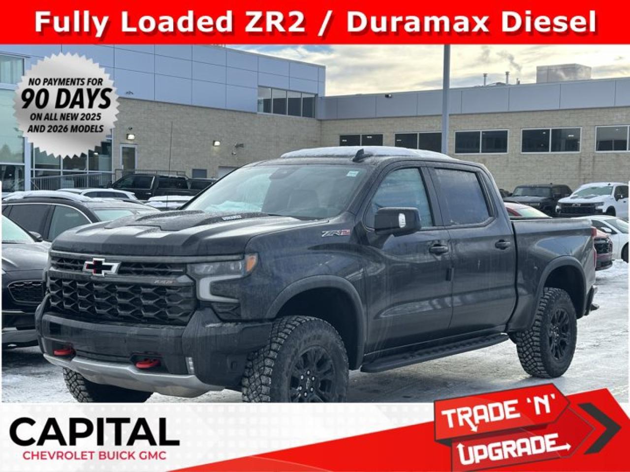 Accessories include tonneau cover.This Chevrolet Silverado 1500 delivers a Turbocharged Diesel I6 3.0L/ engine powering this Automatic transmission. ZR2 PREFERRED EQUIPMENT GROUP includes standard equipment, WHEELS, 18 X 8.5 (45.7 CM X 21.6 CM) GLOSS BLACK ALUMINUM, TRANSMISSION, 10-SPEED AUTOMATIC WITH ELECTRONIC TRANSMISSION RANGE SELECTOR (ETRS), electronically controlled with overdrive, tow-haul mode and steering column paddle shifters. Includes Cruise Grade Braking and Powertrain Grade Braking (STD).*This Chevrolet Silverado 1500 Comes Equipped with These Options *SUNROOF, POWER on Crew Cab models, REAR AXLE, 3.23 RATIO, LPO, OFF-ROAD HIGH CLEARANCE STEPS (dealer-installed), LICENSE PLATE KIT, FRONT, GVWR, 7300 LBS. (3311 KG) (STD), ENGINE, DURAMAX 3.0L TURBO-DIESEL I6 (305 hp [227 kW] @ 3750 rpm, 495 lb-ft of torque [671 Nm] @ 2750 rpm) (Includes (KW5) 220-amp alternator and (K05) engine block heater.) (STD), 3 YEARS SIRIUSXM, Wireless phone projection for Apple CarPlay and Android Auto, Wireless Charging (Not compatible with all phones. Compliant batteries include Qi and PMA technologies. Reference Mobile devices manual to confirm what type of battery it uses.), Wipers, front rain-sensing.*Stop By Today *Stop by Capital Chevrolet Buick GMC Inc. located at 13103 Lake Fraser Drive SE, Calgary, AB T2J 3H5 for a quick visit and a great vehicle!