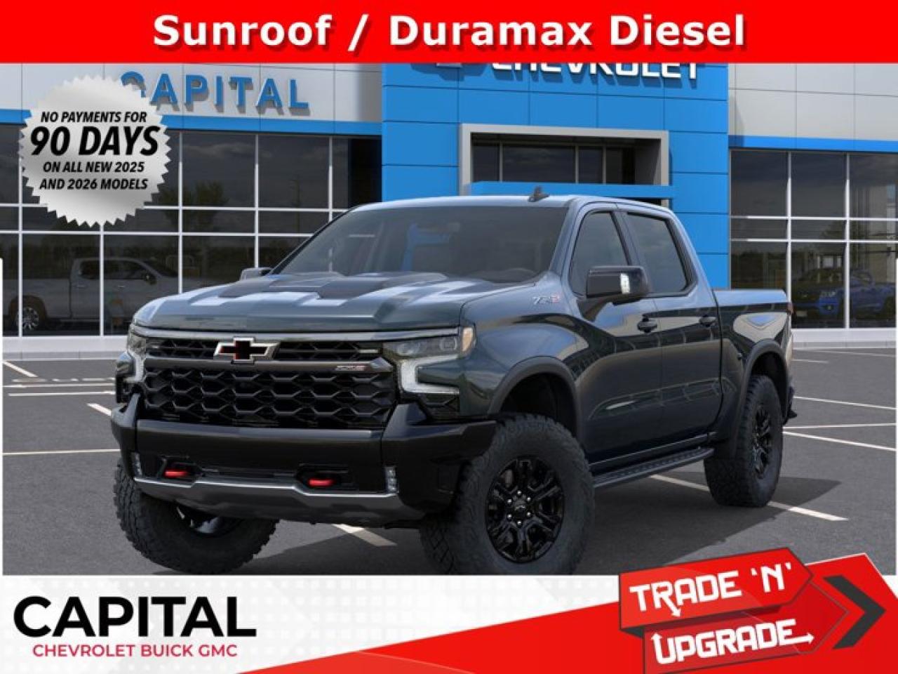 This Chevrolet Silverado 1500 delivers a Turbocharged Diesel I6 3.0L/ engine powering this Automatic transmission. ZR2 PREFERRED EQUIPMENT GROUP includes standard equipment, WHEELS, 18 X 8.5 (45.7 CM X 21.6 CM) GLOSS BLACK ALUMINUM, TRANSMISSION, 10-SPEED AUTOMATIC WITH ELECTRONIC TRANSMISSION RANGE SELECTOR (ETRS), electronically controlled with overdrive, tow-haul mode and steering column paddle shifters. Includes Cruise Grade Braking and Powertrain Grade Braking (STD).*This Chevrolet Silverado 1500 Comes Equipped with These Options *SUNROOF, POWER on Crew Cab models, REAR AXLE, 3.23 RATIO, LPO, OFF-ROAD HIGH CLEARANCE STEPS (dealer-installed), LICENSE PLATE KIT, FRONT, GVWR, 7300 LBS. (3311 KG) (STD), ENGINE, DURAMAX 3.0L TURBO-DIESEL I6 (305 hp [227 kW] @ 3750 rpm, 495 lb-ft of torque [671 Nm] @ 2750 rpm) (Includes (KW5) 220-amp alternator and (K05) engine block heater.) (STD), CYPRESS GREY, 3 YEARS SIRIUSXM, Wireless phone projection for Apple CarPlay and Android Auto, Wireless Charging (Not compatible with all phones. Compliant batteries include Qi and PMA technologies. Reference Mobile devices manual to confirm what type of battery it uses.).* Visit Us Today *Test drive this must-see, must-drive, must-own beauty today at Capital Chevrolet Buick GMC Inc., 13103 Lake Fraser Drive SE, Calgary, AB T2J 3H5.