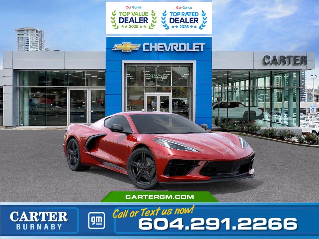 Unleash pure performance in the 2026 Chevrolet Corvette Stingray 1LT RWD. Powered by a thrilling 6.2L LT2 V8 producing 490 hp, paired with an 8-speed dual-clutch transmission, it delivers razor-sharp response. Stand out on 19"/20" gloss black forged wheels and settle into Jet Black Mulan leather seats. Enjoy Bose premium audio, Wi-Fi hotspot, remote start, and advanced safety like Lane Keep Assist, Front Pedestrian Braking, and Rear Park Assist.  Come take it for a test drive today and experience all this stylish vehicle has to offer!  WHY CARTER GM BURNABY?  - An unrivalled vehicle purchasing experience! - Exceeding our loyal customers expectations since 1963 - 4.5 Google star rating with 2,300+ customer reviews) - CarGurus Top-Rated Dealer 2025 Award - CarGurus Top Value Dealer 2025 Award - Vehicle trades welcome! Best price guaranteed! - We provide upfront pricing, zero hidden fees, and 100% transparency - Fast approvals and 99% acceptance rates (no matter your current credit status!) - Multilingual staff (many languages spoken) - Comfortable non-pressured environment with in-store television, WIFI and a childrens play area! - In-store restaurant: fresh daily menu        Were here to help you drive the vehicle you want, the vehicle you deserve! QUESTIONS? GREAT! WEVE GOT ANSWERS! To speak with a friendly vehicle specialist - CALL NOW! The advertised price includes all standard dealer fees and any applicable manufacturer or dealer incentives. It does not include applicable taxes, licensing, insurance, or optional products or services. Dealer fees will be clearly broken out and itemized on the bill of sale, maximum total of fees $595.00. Prices are shown in Canadian dollars. While we make every effort to ensure accuracy, vehicle details, pricing, options, and availability are subject to change without notice. Please confirm all information with dealership sales management before purchase. Dealer Code: 81129
