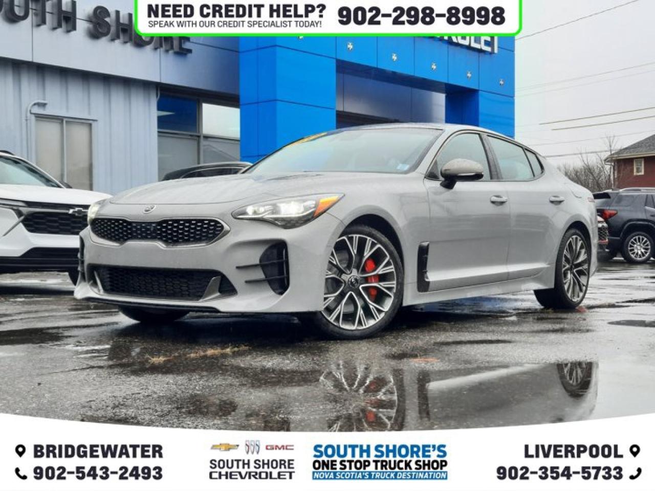 Recent Arrival! Gray 2019 Kia Stinger 20th Anniversary Edition For Sale, Bridgewater AWD 8-Speed Automatic 3.3L V6 DGI Clean Car Fax, 15 Speakers, ABS brakes, Air Conditioning, Alloy wheels, Brake assist, Bumpers: body-colour, Compass, Delay-off headlights, Driver door bin, Driver vanity mirror, Dual front side impact airbags, Electronic Stability Control, Emergency communication system, Four wheel independent suspension, Front dual zone A/C, Fully automatic headlights, Heated door mirrors, Heated front seats, Heated rear seats, Illuminated entry, Knee airbag, Navigation System, Outside temperature display, Overhead console, Passenger vanity mirror, Power door mirrors, Power driver seat, Power Liftgate, Power moonroof, Power passenger seat, Power steering, Power windows, Rear air conditioning, Rear Parking Sensors, Rear Window Blind, Rear window defroster, Security system, Speed control, Speed-sensing steering, Speed-Sensitive Wipers, Steering wheel memory, Steering wheel mounted audio controls, Tachometer, Telescoping steering wheel, Tilt steering wheel, Traction control, Trip computer, Turn signal indicator mirrors, Variably intermittent wipers, Ventilated front seats. Reviews: * Owners rave about the potent and refined V6 engine, smooth driveline, unique looks, and strong overall value. For the money, the Stinger delivers strongly on the performance, style, quality, and tech fronts. Source: autoTRADER.ca