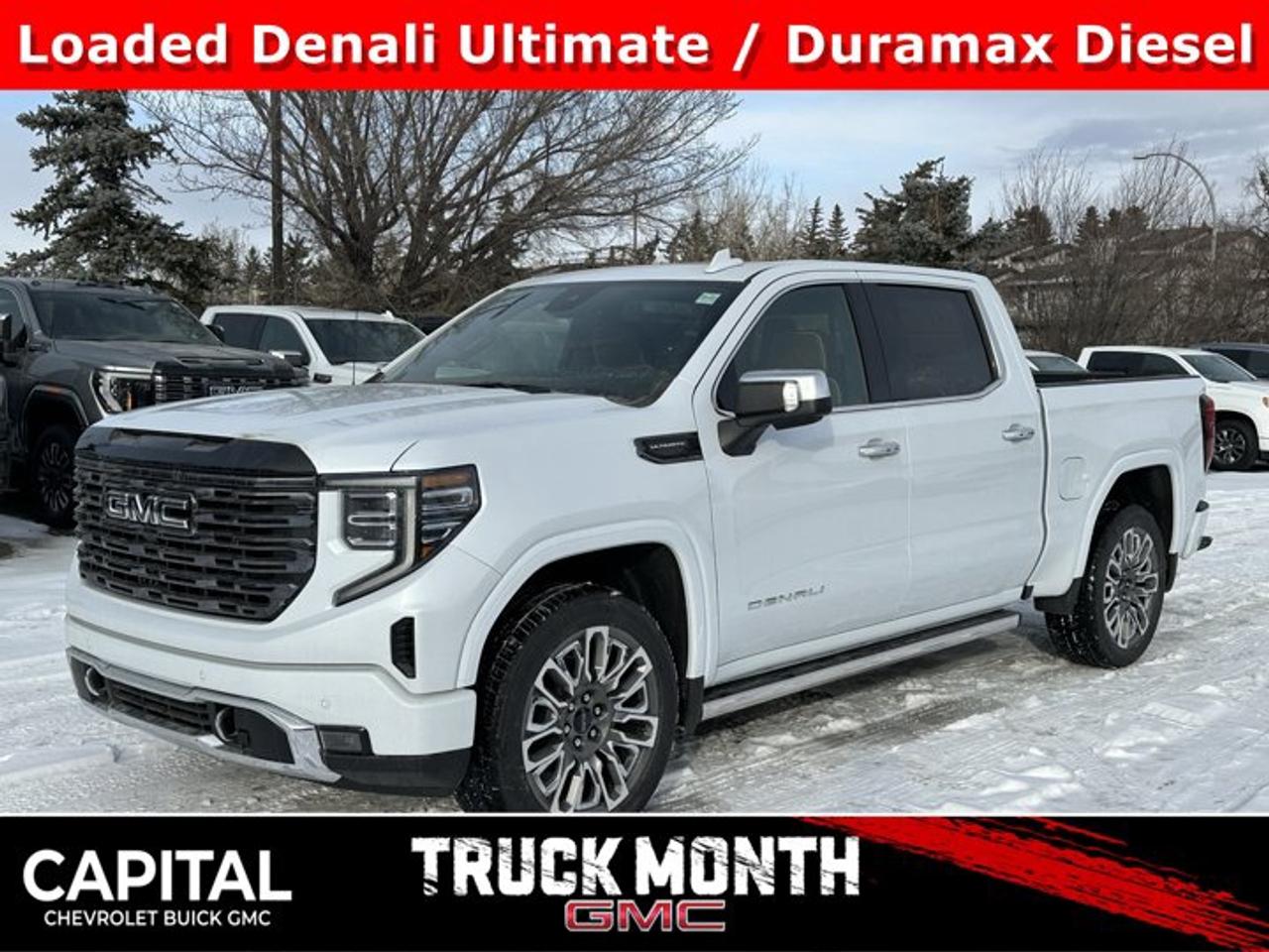 This GMC Sierra 1500 boasts a Turbocharged Diesel I6 3.0L/183 engine powering this Automatic transmission. TRANSMISSION, 10-SPEED AUTOMATIC WITH ELECTRONIC PRECISION SHIFT, ELECTRONICALLY CONTROLLED with overdrive, tow/haul mode and steering column paddle shifters. Includes Cruise Grade Braking and Powertrain Grade Braking, REAR AXLE, 3.23 RATIO, PREMIUM FLOOR LINERS WITH REMOVABLE CARPET INSERT, FRONT.*This GMC Sierra 1500 Comes Equipped with These Options *LPO, GMC MULTIPRO TAILGATE STEP LIGHTS (dealer-installed), LPO, BODY COLOUR WHEEL ARCH MOULDINGS (dealer-installed), GVWR, 7200 LBS. (3266 KG), GLACIER WHITE TRICOAT, ENGINE, DURAMAX 3.0L TURBO-DIESEL I6 (305 hp [227 kW] @ 3750 rpm, 495 lb-ft of torque [671 Nm] @ 2750 rpm) (Includes (KW5) 220-amp alternator and (K05) engine block heater.), DENALI ULTIMATE PREFERRED EQUIPMENT GROUP includes standard equipment, 3 YEARS SIRIUSXM, Wireless, Apple CarPlay / Wireless Android Auto, Wireless Charging, Wipers, front rain-sensing.* Visit Us Today *For a must-own GMC Sierra 1500 come see us at Capital Chevrolet Buick GMC Inc., 13103 Lake Fraser Drive SE, Calgary, AB T2J 3H5. Just minutes away!