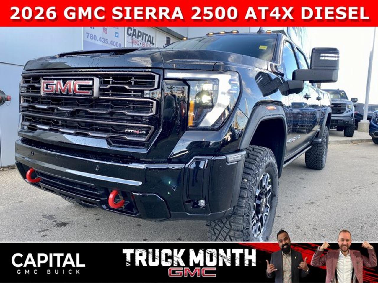 Check out the 2026 GMC 2500 HD DIESEL AT4X... Fully Equipped with every option including, Heated and Cooled Seats, Exclusive Obsidian Rush interior, Factory Lift, Heated Rear Seats, Heated Steering, Adaptive Cruise Control, 360 CAM, Heads-up Display, Rear Streaming Camera Mirror, Multipro Tailgate With Kicker speakers, Duramax Diesel Engine / Allison Transmission, and so much more! Dont miss out and call now!Ask for the Internet Department for more information or book your test drive today! Text (or call) 780-435-4000 for fast answers at your fingertips!Disclaimer: All prices are plus taxes and include all cash credits and loyalties. See dealer for details. AMVIC Licensed Dealer # B1044900