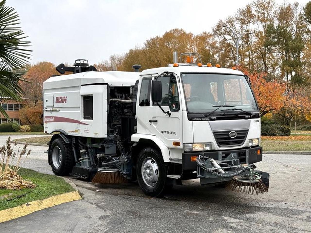 This 2009 UD Trucks UD 3300 Elgin Crosswind regenerative air sweeper, built on a Nissan Diesel chassis, is powered by a 7.6L 6-cylinder engine with an automatic transmission and rear-wheel drive, and features a white exterior with a grey cloth interior. Equipment includes dual brooms, a center broom, front broom, vacuum enhancer, hopper dump, auxiliary pump, SHO-ME arrow control switch, engine brake, air brakes, reverse camera, AM/FM radio, air conditioning and heat, automatic mirrors, windows and door locks, and a 12V input. The unit measures approximately 26 feet long, 9 feet 3 inches wide and 10 feet 9 inches high, with a GVWR of 14,923 kg (32,900 lb). This item is currently OFFSITE. You must register an appointment with our office to schedule an offsite viewing. Appointments must be made a minimum of one business day in advance (and as defined by the days that Repo.com is open for business) before your appointment can be scheduled and confirmed. We may, at our own discretion, instead opt to transport smaller items to Repo.coms main yard for viewing purposes.  $75,880.00 plus $375 processing fee, $76,255.00 total payment obligation before taxes.   Listing report, warranty, contract commitment cancellation fee, financing available on approved credit (some limitations and exceptions may apply). All above specifications and information is considered to be accurate but is not guaranteed and no opinion or advice is given as to whether this item should be purchased. We do not allow test drives due to theft, fraud, acts of vandalism and undetectable impaired driving. Instead we provide the following benefits: Complimentary Warranty (with options to extend), Limited Money Back Satisfaction Guarantee on Fully Completed Contracts, Contract Commitment Cancellation, and an Open-Ended Sell-Back Option. Ask seller for details or call 604-522-REPO(7376) to confirm listing availability.
