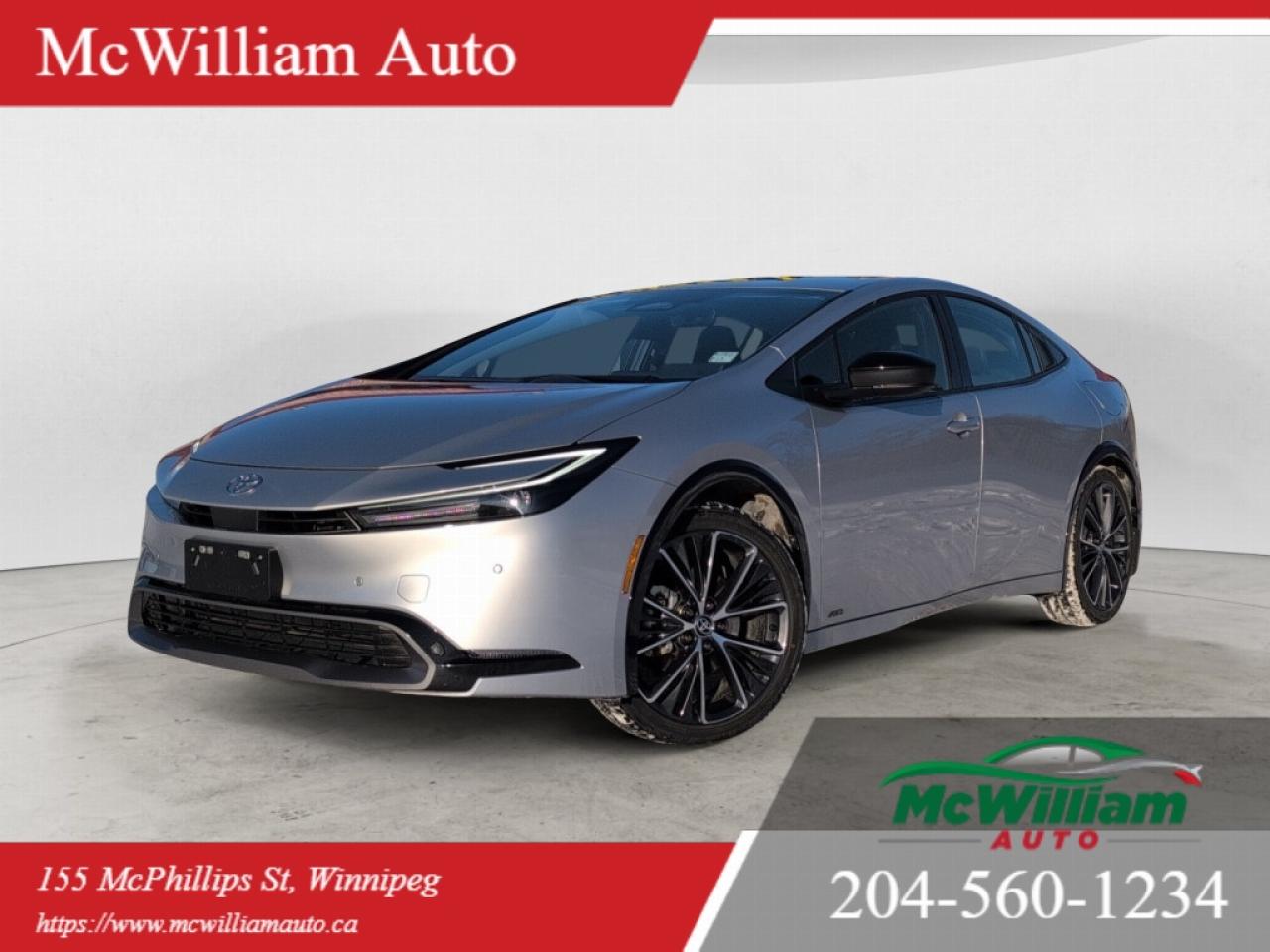 2024 Toyota Prius XLE with exceptionally low recorded mileage. This vehicle has had one owner and a clean history with zero accidents and is a local Manitoba vehicle.Mechanical and performance details include Toyotas established hybrid powertrain combining a gasoline engine with an electric motor for optimized fuel efficiency and reduced emissions. Regenerative braking helps recharge the hybrid battery while driving. Continuously Variable Transmission (CVT) provides smooth acceleration and efficient power delivery. The vehicle rides on brand new Toyo Extensa 195/50/19 all-season tires.Safety features include Toyota Safety Sense suite with adaptive cruise control that automatically adjusts speed to maintain a set following distance, lane keep assist to help maintain lane position, automatic emergency braking, pedestrian detection, and lane departure alert. Standard airbags cover front, side, curtain, and drivers knee protection, and stability control systems help enhance traction and control.Comfort and convenience features include heated front seats, a heated steering wheel, automatic climate control, power-adjustable seats, keyless entry with push-button start, and ample cabin space with a versatile hatchback cargo area.Technology and connectivity features include a touchscreen infotainment system with wireless Apple CarPlay and wireless Android Auto integration, Bluetooth connectivity, USB ports, and a premium sound system.Interior and exterior equipment reflect the XLE trim level, which typically includes upgraded upholstery and trim accents, privacy glass, LED lighting, and aerodynamic design elements. Routine maintenance has been followed, and the vehicle presents as a well-equipped example of the 2024 Prius XLE.