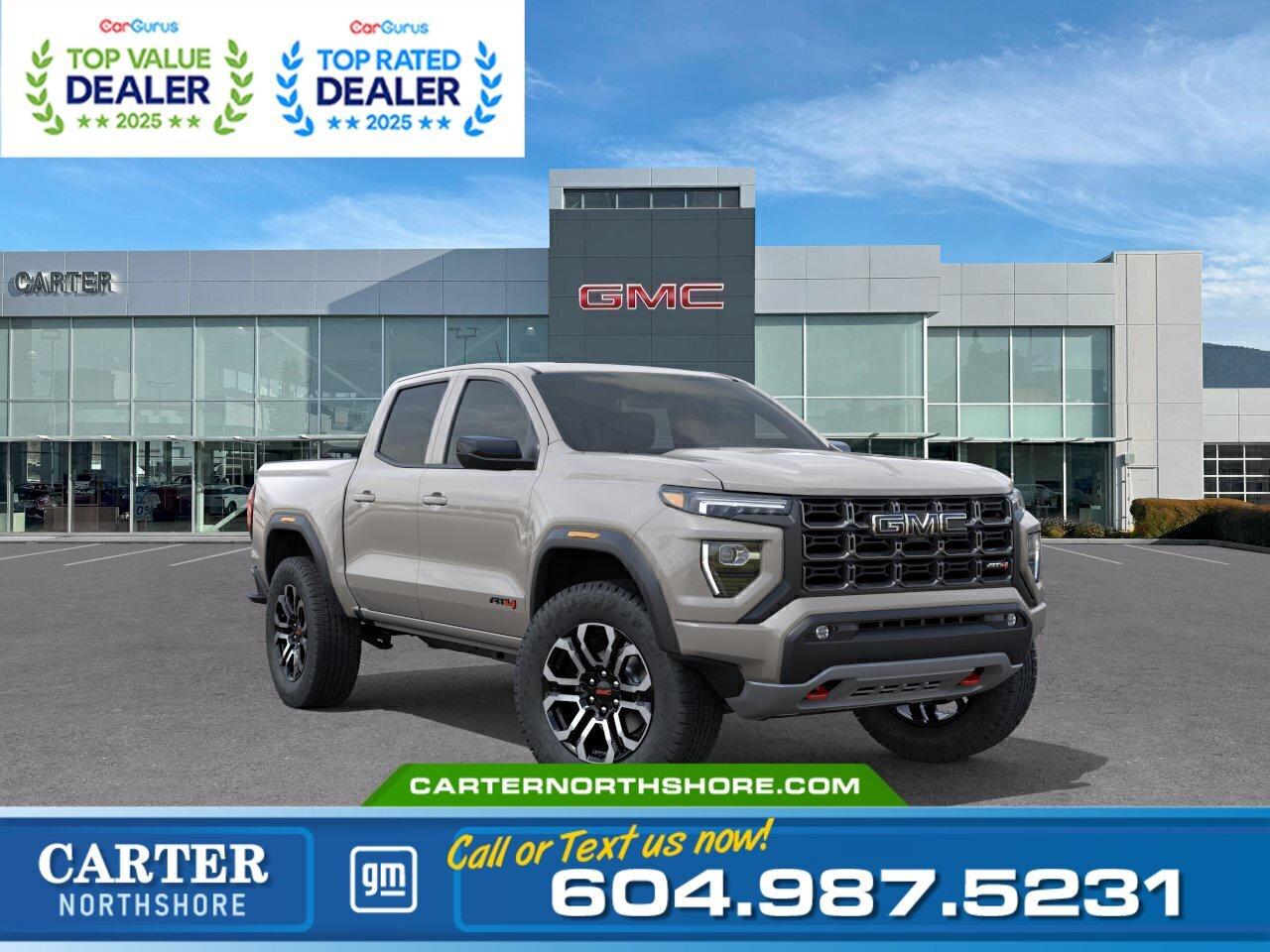 Ready for work and weekend adventures, this 2026 GMC Canyon AT4 Crew Cab 4WD is built with real off-road capability and everyday comfort in mind. It comes with a 2.7L TurboMax engine, 8-speed automatic transmission, 2-inch factory lift, off-road suspension, and blacked-out styling with 20-inch wheels. Inside, you&rsquo;ll find heated seats, wireless phone projection, and a modern 11-inch display. Advanced safety and trailering tech make it easy to handle tough jobs. Come take it for a test drive today and experience all this stylish vehicle has to offer!  WHY CARTER GM NORTHSHORE? - An unrivalled vehicle purchasing experience! - Exceeding our loyal customers expectations since 1990 - 4.7 Google star rating (with 1,700+ customer reviews) - CarGurus Top-Rated Dealer 2025 Award - CarGurus Top Value Dealer 2025 Award - Vehicle trades welcome! Best price guaranteed! - We provide upfront pricing, zero hidden fees, and 100% transparency - Fast approvals and 99% acceptance rates (no matter your current credit status!) - Multilingual staff (many languages spoken) - Comfortable non-pressured environment with in-store television, WIFI and a childrens play area!        Were here to help you drive the vehicle you want, the vehicle you deserve! QUESTIONS? GREAT! WEVE GOT ANSWERS! To speak with a friendly vehicle specialist - CALL NOW! The advertised price includes all standard dealer fees and any applicable manufacturer or dealer incentives. It does not include applicable taxes, licensing, insurance, or optional products or services. Dealer fees will be clearly broken out and itemized on the bill of sale, maximum total of fees $598.00. Prices are shown in Canadian dollars. While we make every effort to ensure accuracy, vehicle details, pricing, options, and availability are subject to change without notice. Please confirm all information with dealership sales management before purchase. Dealer Code: 81121