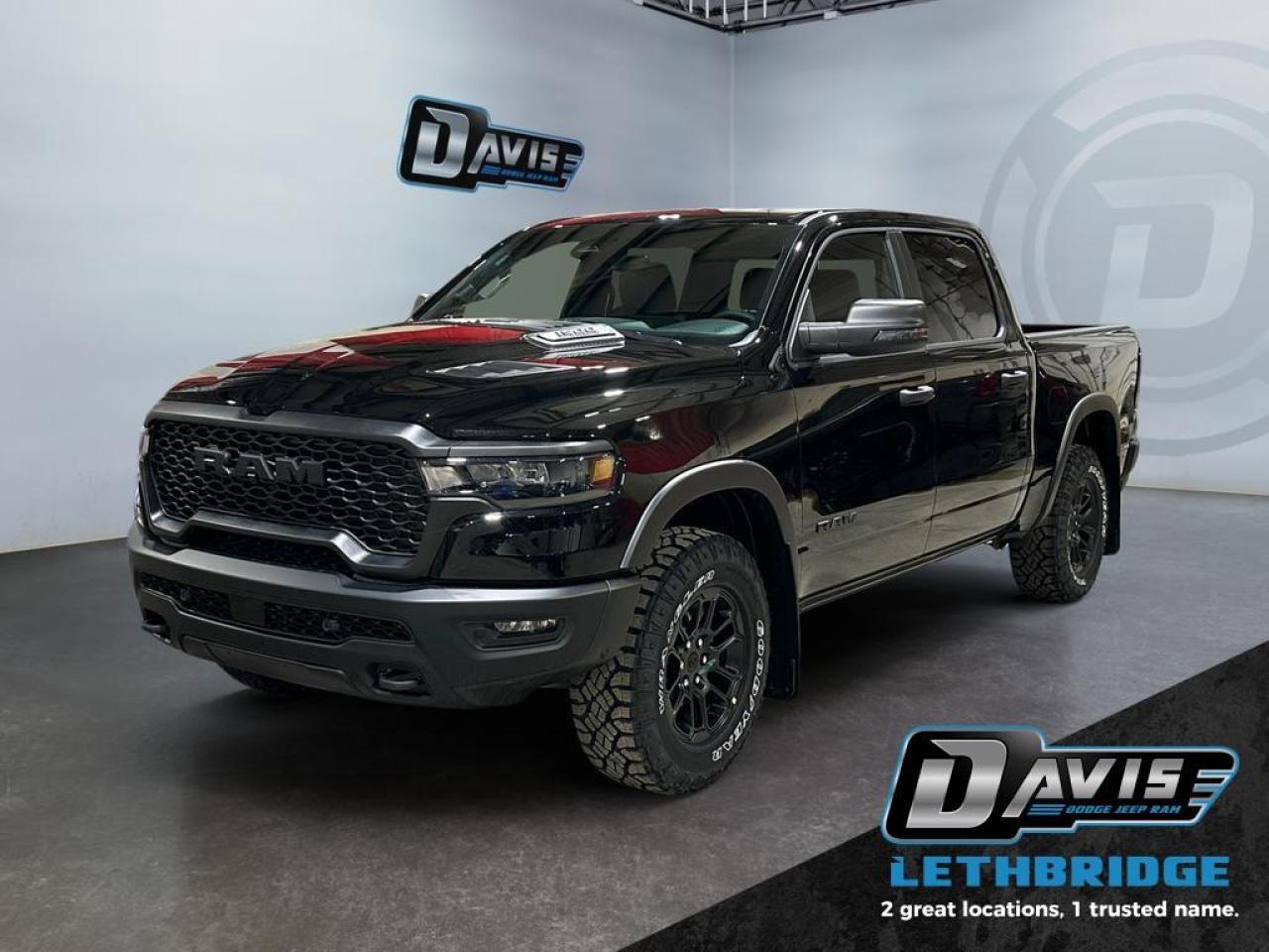 <b>Off-Road Suspension, Navigation, Blind Spot Monitoring, Apple CarPlay and Android Auto!<br /> <br /></b><br /> <br /> <br />The 2026 Ram 1500 Rebel in Diamond Black Crystal Pearl delivers bold off-road capability with refined features. Powered by a 3.0L I6 Twin-Turbo Hurricane engine paired with an 8-speed automatic transmission and 4x4 drivetrain, this Rebel dominates both highways and trails.<br /><br />Its rugged exterior includes black grille, headlamp bezels, sport performance hood, dual exhaust with black tips, off-road wheel flares, and 18-inch black wheels. Inside, enjoy cloth/vinyl bucket seats, heated front seats, 12-inch Uconnect touchscreen, Apple CarPlay/Android Auto, GPS navigation, Bluetooth, 9-speaker subwoofer audio, dual-zone climate control, and rear power sliding window.<br /><br />Safety features include Adaptive Cruise Control with Stop & Go, ParkView rear camera, Blind Spot & Cross Path Detection, Active Lane Management, Pedestrian Emergency Braking, and full-speed forward collision warning. This 2026 Ram 1500 Rebel blends off-road toughness, advanced tech, and bold styling for drivers who demand both capability and comfort.<br /> <br />To apply right now for financing use this link: <a href=https://lethbridge.davisdodge.ca/free-credit-check/ target=_blank rel=nofollow noopener noreferrer>https://lethbridge.davisdodge.ca/free-credit-check/</a><br /><br /> <br /><br />As a premier Chrysler, Dodge, Jeep and RAM dealership, Davis Dodge proudly offers an extensive selection of new and used vehicles to meet every drivers needs. Customers across Lethbridge, Fort Macleod, Taber, Claresholm, Coaldale, and beyond trust us for daily vehicle specials, certified service and parts, and a seamless online inventory experience. <br /><br /> With competitive financing options and expert support, we make car buying easy and enjoyable. <br /><br /> Ready to hit the road? Schedule your test drive today at Davis Dodge, your trusted Chrysler, Dodge, Jeep and RAM dealer in Lethbridge, Alberta.<br /><br /> Vehicle pricing offer shown expires 2026-03-31. <br /> Come by and check out our fleet of 70+ used cars and trucks and 130+ new cars and trucks for sale in Lethbridge. o~o