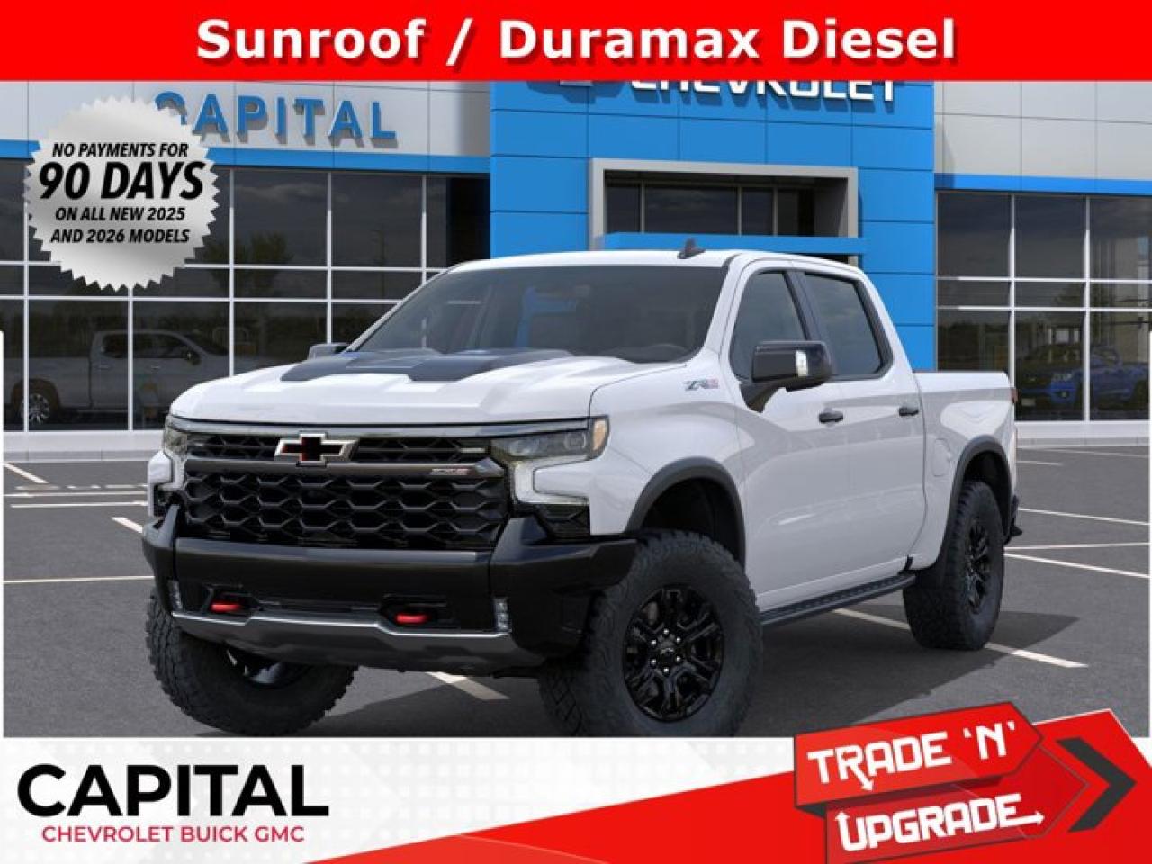 Accessories include tonneau cover.This Chevrolet Silverado 1500 delivers a Turbocharged Diesel I6 3.0L/ engine powering this Automatic transmission. ZR2 PREFERRED EQUIPMENT GROUP includes standard equipment, WHEELS, 18 X 8.5 (45.7 CM X 21.6 CM) GLOSS BLACK ALUMINUM, TRANSMISSION, 10-SPEED AUTOMATIC WITH ELECTRONIC TRANSMISSION RANGE SELECTOR (ETRS), electronically controlled with overdrive, tow-haul mode and steering column paddle shifters. Includes Cruise Grade Braking and Powertrain Grade Braking (STD).*This Chevrolet Silverado 1500 Features the Following Options *SUNROOF, POWER on Crew Cab models, REAR AXLE, 3.23 RATIO, LPO, OFF-ROAD HIGH CLEARANCE STEPS (dealer-installed), LICENSE PLATE KIT, FRONT, GVWR, 7300 LBS. (3311 KG) (STD), ENGINE, DURAMAX 3.0L TURBO-DIESEL I6 (305 hp [227 kW] @ 3750 rpm, 495 lb-ft of torque [671 Nm] @ 2750 rpm) (Includes (KW5) 220-amp alternator and (K05) engine block heater.) (STD), 3 YEARS SIRIUSXM, Wireless phone projection for Apple CarPlay and Android Auto, Wireless Charging (Not compatible with all phones. Compliant batteries include Qi and PMA technologies. Reference Mobile devices manual to confirm what type of battery it uses.), Wipers, front rain-sensing.*Visit Us Today *Stop by Capital Chevrolet Buick GMC Inc. located at 13103 Lake Fraser Drive SE, Calgary, AB T2J 3H5 for a quick visit and a great vehicle!