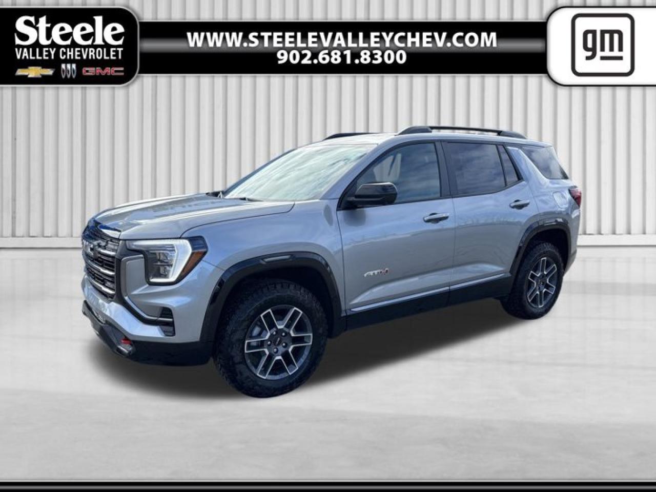 TRANSMISSION, 8-SPEED AUTOMATIC, ELECTRONICALLY-CONTROLLED WITH OVERDRIVE includes Driver Shift Control (STD), TECHNOLOGY PACKAGE II includes (UVX) Traffic Sign Recognition, (UKK) Rear Pedestrian Alert, (UV2) HD Surround Vision and (DRZ) Rear Camera Mirror, SUNROOF, POWER, PANORAMIC SUNROOF WITH SUNSHADE, STERLING METALLIC, ENGINE, 1.5L TURBO DOHC 4-CYLINDER, SIDI, VVT (175 hp [131.3 kW] @ 5800 rpm, 203 lb-ft of torque [275.0 Nm] @ 2000 - 4000 rpm). (STD), CONVENIENCE PACKAGE III includes (A7K) 8-way power passenger seat adjuster, (AT9) Seat adjuster, 2-way power front passenger lumbar, (KA6) heated rear outboard seats, (KU1) ventilated driver seat, (KU3) ventilated passenger seat, (A45) Memory Package, recalls 2 presets for power driver seat and outside mirrors., Wireless Phone Charging for portable devices (Included with (ZQ3) Convenience Package II.), Wireless Apple CarPlay/Wireless Android Auto, Wipers, Rainsense, Windows, express up/down driver and express down all passengers. This GMC Terrain has a strong Turbocharged Gas I4 1.5L/-TBD- engine powering this Automatic transmission.*This GMC Terrain AWD AT4 Has Everything You Want *Wheel, spare, 17 (43.2 cm) steel, Visors, driver and front passenger illuminated vanity mirrors covered, Vehicle health management provides advanced warning of vehicle issues, USB ports, 2, one type A and one type-C, data/charge, located in the front area of the centre console, USB ports, 2 type-C, located on back of centre console, charge-only, Universal Home Remote includes garage door opener, 3-channel programmable, Transmission, 8-speed automatic, electronically-controlled with overdrive includes Driver Shift Control, Trailer hitch, factory installed, Tires, 235/65R17, all-terrain, Tire, compact spare, T125/70R17, blackwall, Teen Driver a configurable feature that lets you activate customizable vehicle settings associated with a key fob, to help encourage safe driving behaviour. It can limit certain available vehicle features, and it prevents certain safety systems from being turned off. An in-vehicle report card gives you information on driving habits and helps you to continue to coach your new driver, Tail lamps, upper, animated walk-up and departure lighting, Suspension, front, MacPherson strut and rear 4-link (Off-road tuned suspension.), Sunglass storage, overhead, Steering wheel, sport-style, Steering wheel, heated, Speedometer, kilometres / miles, SiriusXM with 360L Trial Subscription. SiriusXM with 360L transforms your customers ride with our most extensive and personalized radio experience on the road. (IMPORTANT: The SiriusXM trial subscription is not provided on vehicles that are ordered for Fleet Daily Rental (FDR) use. Certain features and/or content may not be available unless an active data connection is enabled in the vehicle. Content varies by SiriusXM subscription plan. Features and display may vary by vehicle. All SiriusXM services require a subscription, sold separately by SiriusXM after the trial period. Your SiriusXM service will automatically stop at the end of your trial unless you decide to subscribe. If you decide to continue service after your trial, the subscription plan you choose will continue for an indeterminate term and you will be charged according to your chosen payment method at the then current rates unless and until you cancel. Taxes apply. Please see the SiriusXM Customer Agreement at siriusxm.ca/terms for complete terms and how to cancel, which includes calling SiriusXM at 1-888-539-7474. All rates, content, and programming are subject to change. SiriusXM uses personal information in accordance with SiriusXM Privacy Policy, available at siriusxm.ca/privacy. SiriusXM Canada Inc. SiriusXM, the SiriusXM logo, channel names and logos are trademarks of Sirius XM Radio Inc. and are used under license.), Side Bicyclist Alert, Shutters, front upper and lower grille, active.* Visit Us Today *Treat yourself- stop by Steele Valley Chevrolet Buick GMC Cadillac located at 9184 Commercial Street, New Minas, NS, NS B4N3V9 to make this car yours today!*Disclaimer*Please verify all information with a Steele Valley representative.