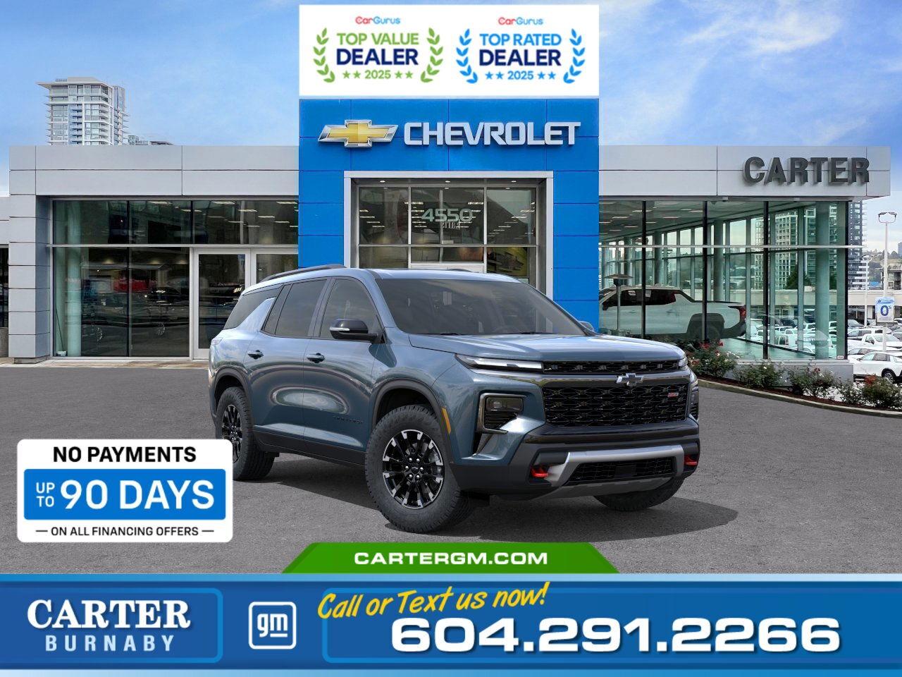 Purchase your new vehicle today and enjoy NO PAYMENTS FOR UP TO 90 DAYS. Upgrade with confidence, without stretching your budget!  Elevate every drive with the 2026 Chevrolet Traverse Z71, blending bold luxury and advanced capability. Powered by a 2.5L Turbo DOHC engine with a heavy-duty cooling system and Special Ride and Handling suspension, its built for performance. The Trailering Package with Hitch Guidance, Hitch View, and heavy-duty upgrades makes towing seamless. Inside, enjoy wireless charging, an 11" digital display, heated power mirrors, and a hands-free AutoSense liftgate. Safety features include Blind Zone Steering Assist, Rear Cross Traffic Braking, and Front Pedestrian Braking.  Come take it for a test drive today and experience all this stylish vehicle has to offer!  WHY CARTER GM BURNABY?  - An unrivalled vehicle purchasing experience! - Exceeding our loyal customers expectations since 1963 - 4.5 Google star rating with 2,175+ customer reviews) - CarGurus Top-Rated Dealer 2025 Award - CarGurus Top Value Dealer 2025 Award - Vehicle trades welcome! Best price guaranteed! - We provide upfront pricing, zero hidden fees, and 100% transparency - Fast approvals and 99% acceptance rates (no matter your current credit status!) - Multilingual staff (many languages spoken) - Comfortable non-pressured environment with in-store television, WIFI and a childrens play area! - In-store restaurant: fresh daily menu        Were here to help you drive the vehicle you want, the vehicle you deserve! QUESTIONS? GREAT! WEVE GOT ANSWERS! To speak with a friendly vehicle specialist - CALL NOW! (Doc. Fee: $495.00 Dealer Code: D5505)