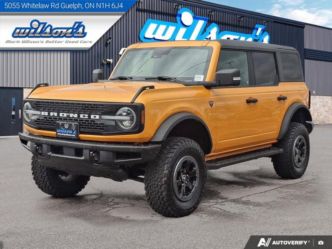Look at this certified 2021 Ford Bronco Advanced | Badlands | 7-Speed Manual | Hard Top | Leather | 360 Camera | Tow | 333A Pkg | and more!. Its transmission and 2.3 L engine will keep you going. This Ford Bronco features the following options: Tow Package, Navigation System, Leather, Air Conditioning, 360 Camera, Bluetooth, Heated Seats, Tilt Steering Wheel, Steering Radio Controls, and Power Windows. See it for yourself at Mark Wilsons Better Used Cars, 5055 Whitelaw Road, Guelph, ON N1H 6J4.60+ years of World Class Service!500+ Live Market Priced VEHICLES! ONE MASSIVE LOCATION!Free Local Delivery Available!FINANCING! - Better than bank rates! 6 Months No Payments available on approved credit OAC. Zero Down Available. We have expert licensed credit specialists to secure the best possible rate for you and keep you on budget ! We are your financing broker, let us do all the leg work on your behalf! Click the RED Apply for Financing button to the right to get started or drop in today!BAD CREDIT APPROVED HERE! - You dont need perfect credit to get a vehicle loan at Mark Wilsons Better Used Cars! We have a dedicated licensed team of credit rebuilding experts on hand to help you get the car of your dreams!WE LOVE TRADE-INS! - Top dollar trade-in values!SELL us your car even if you dont buy ours! HISTORY: Free Carfax report included.Certification included! No shady fees for safety!EXTENDED WARRANTY: Available30 DAY WARRANTY INCLUDED: 30 Days, or 3,000 km (mechanical items only). No Claim Limit (abuse not covered)5 Day Exchange Privilege! *(Some conditions apply)CASH PRICES SHOWN: Excluding HST and Licensing Fees.2021-2026 vehicles may be daily rentals. Please inquire with your Salesperson.
