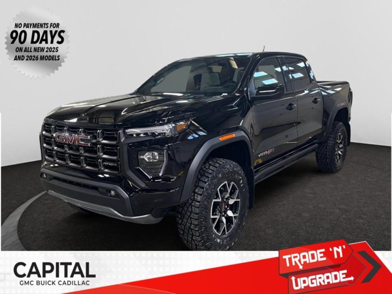 This 2026 GMC Canyon in Onyx Black is equipped with 4WD and Turbocharged Gas I4 2.7L/ engine.The GMC Canyon might be midsize, but its fully premium. Designed for easy access, an available easy lift and lower tailgate allows for smooth operation, while an integrated corner-step rear bumper provides efficient access to the truck bed and your cargo. Its the little things that set the Canyon apart, like its LED-signature front lighting, chrome grille surrounds and chrome mirror caps and door handles. The Canyon is takes premium comfort to a new level with features such as available soft-touch instrument panel and available heated driver and front passenger seats. The interior is also engineered to give you and your passengers an exceptional level of quiet, from noise-reducing innovations to triple door seals. This truck offers an engine lineup that delivers power and efficiency. This baby has 308 horsepower and can tow up to 3493 KG (7700 LB.). Intelligent control features, including traction control, trailer sway and hill descent control, available automatic rear locking differential, brake rotors and integrated trailer brake controller and diesel exhaust brake, to help you stay confidently in command no matter what you may be hauling or trailering. The Canyon provides intelligently placed controls and driver-centric features to keep you in touch, in charge and connected on the road, from available built-in Wi-Fi, an infotainment system with navigation and a rear-vision camera, to power outlets, rear seat reminders and access to the myGMC app. Youll also find state-of-the-art safety to help enhance your awareness of the road and surrounding vehicles, such as available forward collision alert, and more.Check out this vehicles pictures, features, options and specs, and let us know if you have any questions. Helping find the perfect vehicle FOR YOU is our only priority.P.S...Sometimes texting is easier. Text (or call) 306-801-9090 for fast answers at your fingertips!Dealer License #914248Disclaimer: All prices are plus taxes & fees. See dealer for Details. Dealer Permit # 914248 See dealer for Details.