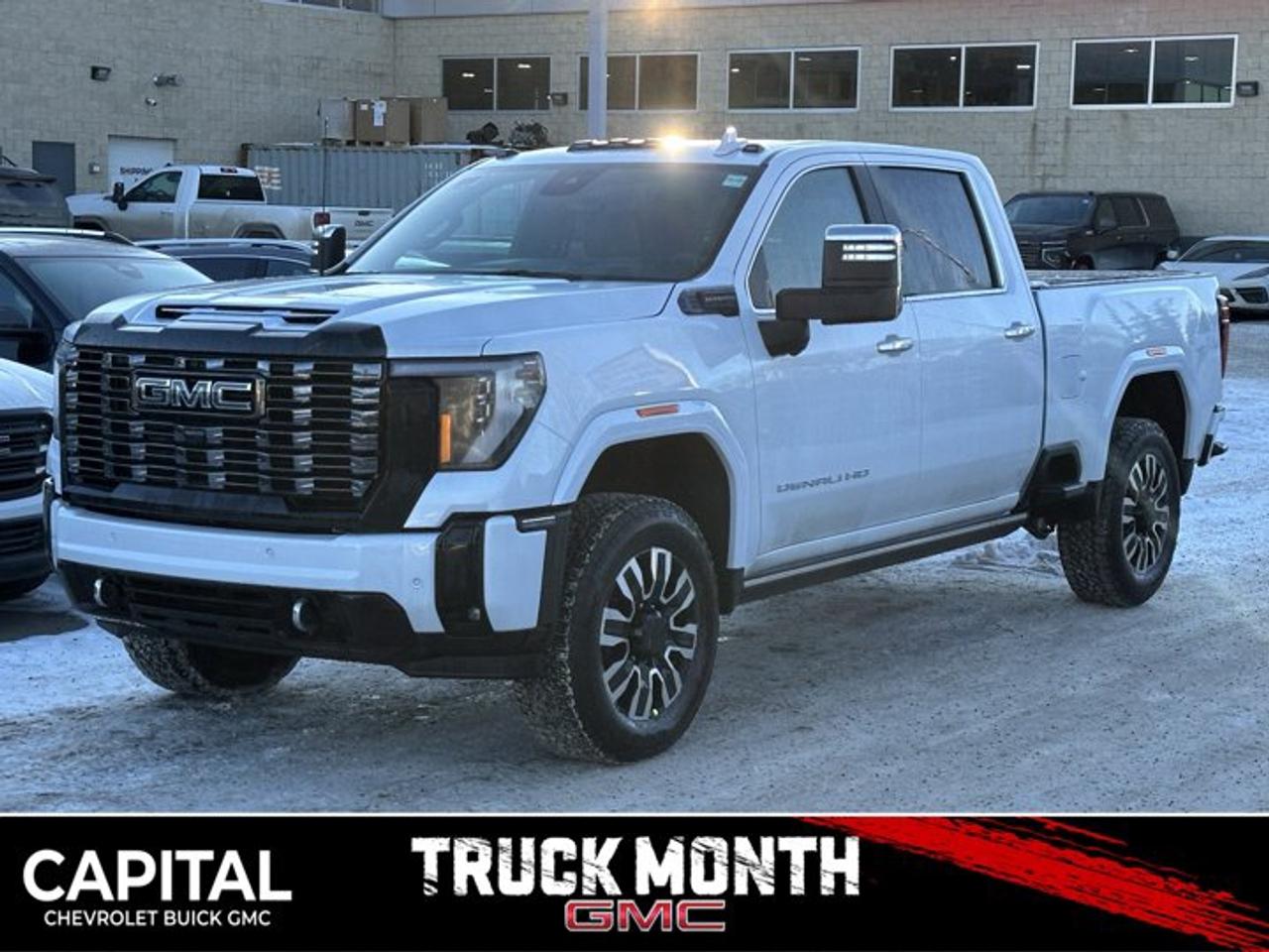 Accessories include tonneau cover.This GMC Sierra 3500HD boasts a Turbocharged Diesel V8 6.6L/ engine powering this Automatic transmission. TRANSMISSION, 10-SPEED AUTOMATIC (STD), REAR AXLE, 3.42 RATIO, PREMIUM FLOOR LINERS WITH REMOVABLE CARPET INSERT, FRONT.*This GMC Sierra 3500HD Comes Equipped with These Options *HEAVY DUTY FRONT SPRING/CAMPER PACKAGE Note: If ordered for Camper usage, recommend ordering (UY2) Trailering wiring provisions, GOOSENECK / 5TH WHEEL PREP PACKAGE -- Hitch platform to accept Gooseneck or 5th Wheel hitch. Includes hitch platform with tray to accept ball, stamped bed holes with removable caps installed and bed mounted 7-pin trailer harness (similar to UY2 harness). , POLAR WHITE TRICOAT, LPO, CARGO TIE-DOWN RINGS, SET OF 4 (dealer-installed), LPO, BODY COLOUR WHEEL ARCH MOULDINGS (dealer-installed), HIGH IDLE SWITCH, ENGINE, DURAMAX 6.6L TURBO-DIESEL V8, B20-DIESEL COMPATIBLE (470 hp [350.5 kW] @ 2800 rpm, 975 lb-ft of torque [1322 Nm] @ 1600 rpm) (STD), DENALI ULTIMATE PREFERRED EQUIPMENT GROUP includes standard equipment, ALTERNATORS, DUAL, 220-AMPS PRIMARY, 170-AMPS AUXILIARY, 3 YEARS SIRIUSXM.*Visit Us Today *Stop by Capital Chevrolet Buick GMC Inc. located at 13103 Lake Fraser Drive SE, Calgary, AB T2J 3H5 for a quick visit and a great vehicle!