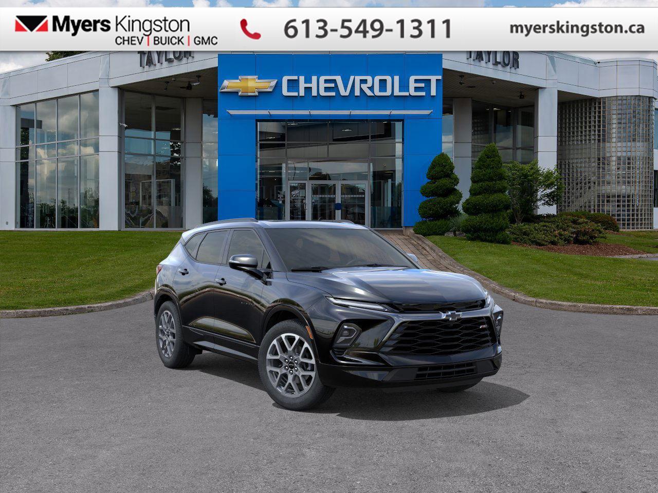 Premium Audio,  Wireless Charging,  Heated Steering Wheel,  Leather Seats,  Power Liftgate!  The 2026 Chevrolet Blazer delivers bold styling, modern technology, and dynamic performance to elevate every drive.  The 2026 Chevrolet Blazer steps up as a standout in the midsize SUV segment with its striking design, thoughtful interior updates, and flexible powertrain lineup. Whether you?re looking for fuel-efficient capability or extra power under the hood, it has the versatility to match your driving needs while keeping everyone comfortable and connected inside. With standard advanced safety features, refined aesthetics, and exhilarating performance options, the Blazer proves it?s more than just good looks; it?s smart, safe, and ready for anything. This Black SUV has an Automatic transmission and is powered by a 308HP 3.6L V6 Cylinder Engine.   Our Blazers trim level is RS. Standard features include wireless charging for mobile devices, Bose premium audio, a power liftgate for rear cargo access, leather upholstery, heated seats, remote engine start, dual-zone automatic climate control, and a 10.2-inch diagonal infotainment screen with wireless Apple CarPlay and Android Auto. Safety features also include rear park assist, blind zone alert, automatic emergency braking, front pedestrian braking, lane keep assist with lane departure warning, following distance indicator and forward collision alert. This vehicle has been upgraded with the following features: Premium Audio, Wireless Charging, Heated Steering Wheel, Leather Seats, Power Liftgate, Heated Seats, Apple CarPlay. This is a demonstrator vehicle driven by a member of our staff, so we can offer a great deal on it. To apply right now for financing use this link: https://www.taylorautomall.com/finance/apply-for-financing/  See dealer for details.   LEASING:Estimated Lease Payment: $447 bi-weekly Payment based on 8.9% lease financing for 60 months with $0 down payment on approved credit.         Total obligation $58,197. Mileage allowance of 16,000 KM/year. Offer expires 2026-02-02.HST, licensing, and Federal luxury tax (if applicable) are extra.  Come by and check out our fleet of 30+ used cars and trucks and 180+ new cars and trucks for sale in Kingston.  o~o
