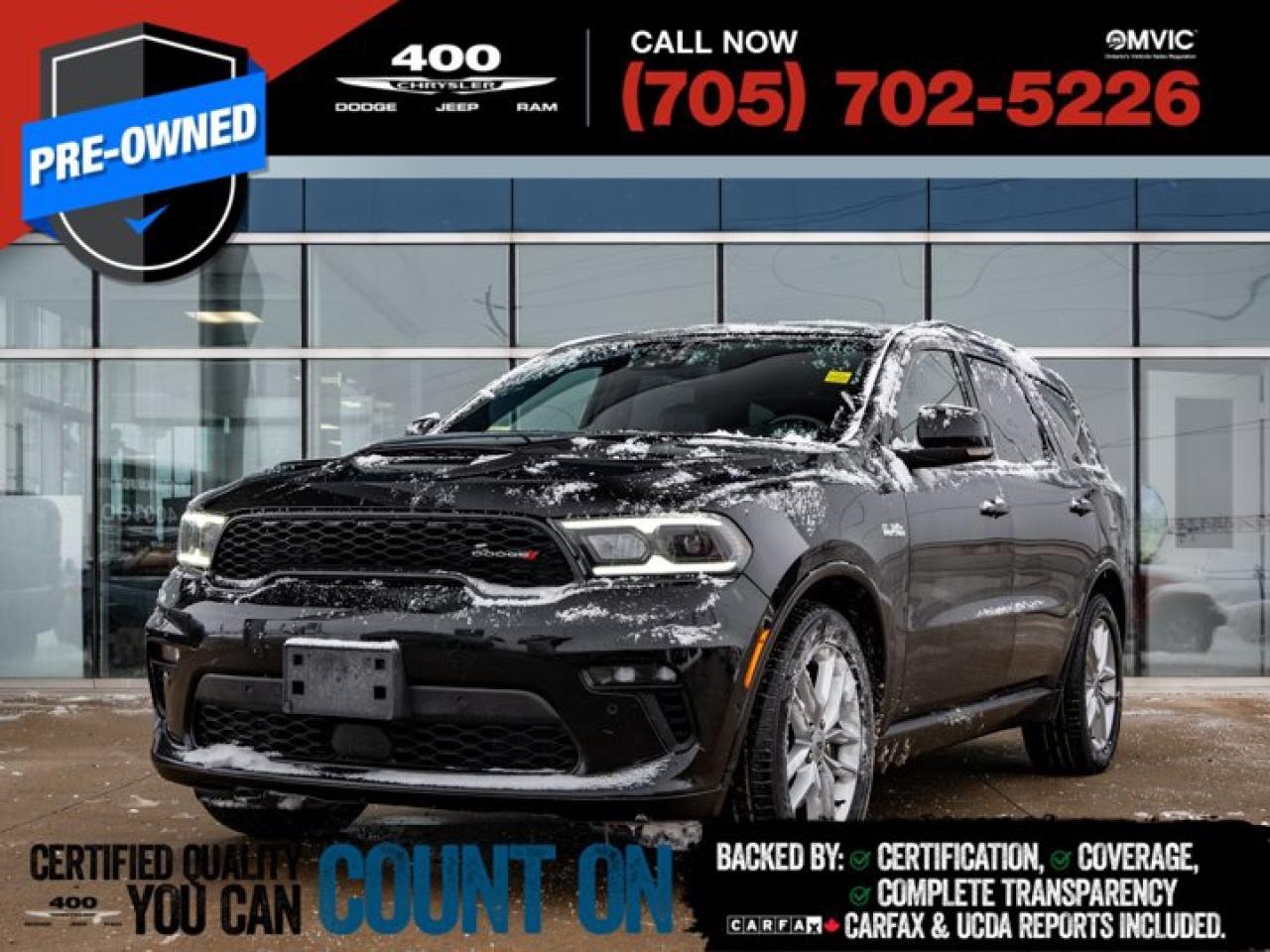 | HEATED & VENTED LEATHER SEATS | HEATED STEERING WHEEL | REMOTE START | HARMAN/KARDON 19 SPKR | SUNROOF | SAFETY TECH | The 2023 Dodge Durango R/T Plus is the perfect SUV for anyone who wants power, style, and versatility all in one package. With its 5.7L HEMI V8 engine, it delivers exhilarating performance while still offering the space and comfort your family needs. The R/T Plus trim adds premium features like leather-trimmed seating, advanced safety tech, a power sunroof, and an upgraded infotainment system, making every drive feel first-class. Bold styling, unmistakable road presence, and the capability to tow with confidence make this Durango a standout choice - luxury, muscle, and practicality wrapped into one stunning SUV. | PREVIOUS DAILY RENTAL |This vehicle is certified. You can trust that each certified vehicle goes through a 150-point inspection by our factory-trained master technicians. Our requirements exceed the provincial regulations of safety standards.With every detail disclosed and every standard met, confidence comes standard.Verified Vehicle History: CarFAX and UCDA reports included.Certified & Serviced: Oil, filters, and wipers replaced before delivery.We pay cash for cars, even if you dont buy one from us! Talk to us today!We have over 100 pre-owned vehicles available, with extra off-site inventory available at all times. Prices are plus HST and licensing fee.
