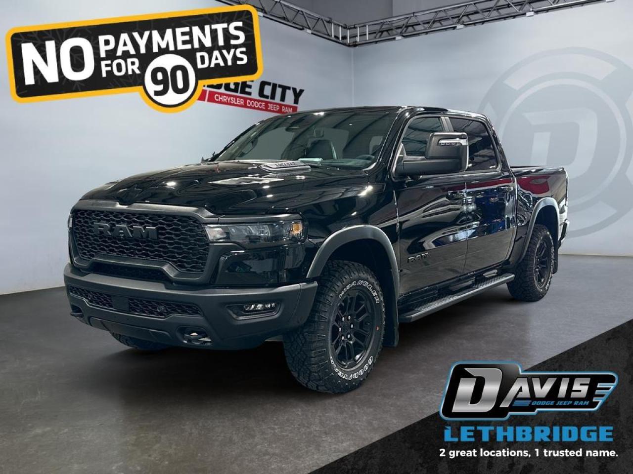 <b>Off-Road Suspension, Navigation, Apple CarPlay, Android Auto, Boxliner, Panoramic Sunroof!<br /> <br /></b><br /> <br /> <br />The 2026 Ram 1500 Rebel in Diamond Black Crystal delivers rugged capability with premium comfort and advanced tech. Powered by a 3.0L I6 Hurricane Twin-Turbo engine and 8-speed automatic transmission with 4x4 drivetrain, it features Rebel-tuned front and rear performance shocks, raised ride height, off-road wheel flares, skid plates, tow hooks, and Class IV receiver hitch, built for off-road adventures and heavy towing.<br /><br />Inside, enjoy luxury leather-trimmed and ventilated front seats, heated second-row seats, dual-zone climate control, full-length upgraded floor console, 8-way power driver and passenger seats with memory, and active noise control. Technology highlights include a Uconnect 5 NAV 14.4 touchscreen, Apple CarPlay, Android Auto, GPS navigation, 19-speaker Harman Kardon premium audio, dual wireless charging, panoramic dual-pane sunroof, and rear passenger interactive display.<br /><br />Safety is comprehensive with Adaptive Cruise Control with Stop & Go, Blind Spot & Cross Path Detection, Active Lane Management, ParkSense Front/Rear Park Assist, Pedestrian Emergency Braking, Traffic Sign Recognition, Intersection Collision Assist, and Evasive Steering Assist. Exterior accents include black Rebel grille, sport performance hood, dual black exhaust tips, accent color tailgate handle, all-aluminum wheels, LED lighting, and Mopar spray-in bedliner.<br /> <br />To apply right now for financing use this link: <a href=https://www.bridgecitychrysler.com/pre-approval/ target=_blank rel=nofollow noopener noreferrer>https://www.bridgecitychrysler.com/pre-approval/</a><br /><br /> <br /><br />As a premier Chrysler, Dodge, Jeep and RAM dealership, Bridge City Chrysler proudly offers an extensive selection of new and used vehicles to meet every drivers needs. Customers across Lethbridge, Fort Macleod, Taber, Claresholm, Coaldale, and beyond trust us for daily vehicle specials, certified service and parts, and a seamless online inventory experience. <br /><br /> With competitive financing options and expert support, we make car buying easy and enjoyable. <br /><br /> Ready to hit the road? Schedule your test drive today at Bridge City Chrysler, your trusted Chrysler, Dodge, Jeep and RAM dealer in Lethbridge, Alberta.<br /><br /> Vehicle pricing offer shown expires 2026-01-31. <br /> Come by and check out our fleet of 80+ used cars and trucks and 120+ new cars and trucks for sale in Lethbridge. o~o