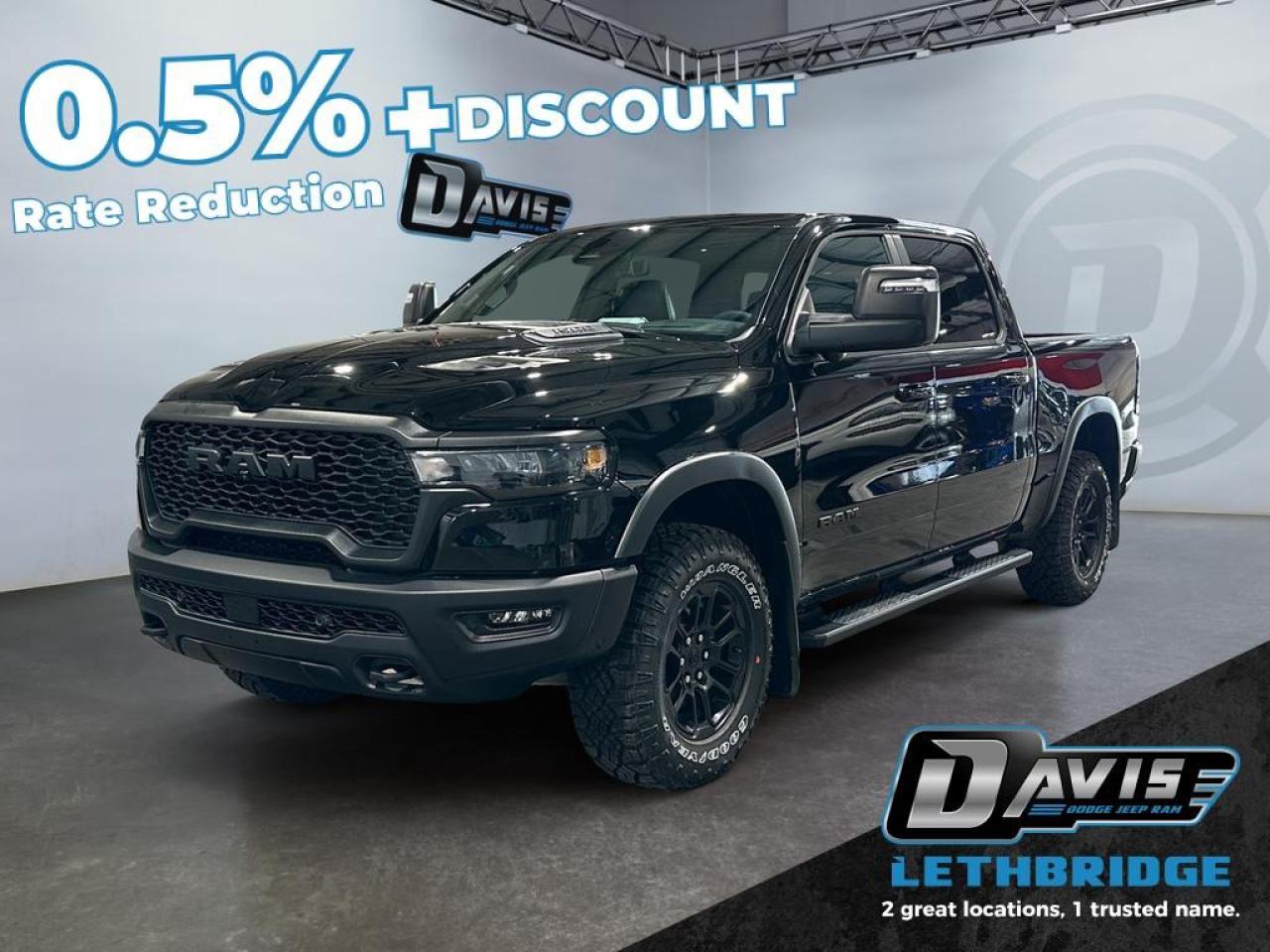 <b>Off-Road Suspension, Navigation, Apple CarPlay, Android Auto, Boxliner, Panoramic Sunroof!<br /> <br /></b><br /> <br /> <br />The 2026 Ram 1500 Rebel in Diamond Black Crystal delivers rugged capability with premium comfort and advanced tech. Powered by a 3.0L I6 Hurricane Twin-Turbo engine and 8-speed automatic transmission with 4x4 drivetrain, it features Rebel-tuned front and rear performance shocks, raised ride height, off-road wheel flares, skid plates, tow hooks, and Class IV receiver hitch, built for off-road adventures and heavy towing.<br /><br />Inside, enjoy luxury leather-trimmed and ventilated front seats, heated second-row seats, dual-zone climate control, full-length upgraded floor console, 8-way power driver and passenger seats with memory, and active noise control. Technology highlights include a Uconnect 5 NAV 14.4 touchscreen, Apple CarPlay, Android Auto, GPS navigation, 19-speaker Harman Kardon premium audio, dual wireless charging, panoramic dual-pane sunroof, and rear passenger interactive display.<br /><br />Safety is comprehensive with Adaptive Cruise Control with Stop & Go, Blind Spot & Cross Path Detection, Active Lane Management, ParkSense Front/Rear Park Assist, Pedestrian Emergency Braking, Traffic Sign Recognition, Intersection Collision Assist, and Evasive Steering Assist. Exterior accents include black Rebel grille, sport performance hood, dual black exhaust tips, accent color tailgate handle, all-aluminum wheels, LED lighting, and Mopar spray-in bedliner.<br /> <br />To apply right now for financing use this link: <a href=https://lethbridge.davisdodge.ca/free-credit-check/ target=_blank rel=nofollow noopener noreferrer>https://lethbridge.davisdodge.ca/free-credit-check/</a><br /><br /> <br /><br />As a premier Chrysler, Dodge, Jeep and RAM dealership, Davis Dodge proudly offers an extensive selection of new and used vehicles to meet every drivers needs. Customers across Lethbridge, Fort Macleod, Taber, Claresholm, Coaldale, and beyond trust us for daily vehicle specials, certified service and parts, and a seamless online inventory experience. <br /><br /> With competitive financing options and expert support, we make car buying easy and enjoyable. <br /><br /> Ready to hit the road? Schedule your test drive today at Davis Dodge, your trusted Chrysler, Dodge, Jeep and RAM dealer in Lethbridge, Alberta.<br /><br /> Vehicle pricing offer shown expires 2026-03-31. <br /> Come by and check out our fleet of 60+ used cars and trucks and 120+ new cars and trucks for sale in Lethbridge. o~o