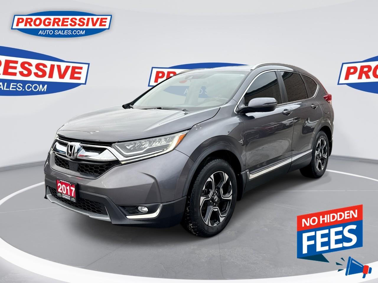 <b>Navigation, Leather Seats, Sunroof, Bluetooth, Heated Steerting Wheel!</b><br /> <br /> The Honda CR-V excels at things that matter to families including having a huge interior, a quiet cabin, superior features, and great cargo capacity. This 2017 Honda CR-V is for sale today. <br /> <br />A focus on practical design, the 2017 Honda CR-V offers a family-friendly space with plenty of room and a thoughtful design. Ample storage and comfort features ensure this is a place to relax no matter the destination. A classy SUV, this model is economical while still offering plenty of fun. This SUV has 120,577 kms. It's Grey in colour. It has a CVT transmission and is powered by a 190HP 1.5L 4 Cylinder Engine. <br /> <br /> Our CR-V's trim level is Touring. Touring is the top trim of the CR-V and it shows in every detail. It's many features include a 7 inch display audio system with satellite navigation, Bluetooth, SiriusXM, nine speaker premium audio, a hands free power tailgate, a panoramic moonroof, automatic LED headlights, rain sensing windshield wipers, heated leather seats, a memory driver's seat, leather wrapped steering wheel, LaneWatch blind spot detection, adaptive cruise control, forward collision warning, remote start, and much more! This vehicle has been upgraded with the following features: Navigation, Leather Seats, Sunroof, Bluetooth, Heated Steerting Wheel, Premium Sound Package, Power Tailgate. <br /> <br />To apply right now for financing use this link: <a href=https://www.progressiveautosales.com/credit-application/ target=_blank rel=nofollow noopener noreferrer>https://www.progressiveautosales.com/credit-application/</a><br /><br /> <br /><br /><br /> Progressive Auto Sales provides you with the all the tools you need to find and purchase a used vehicle that meets your needs and exceeds your expectations. Our Sarnia used car dealership carries a wide range of makes and models for exceptionally low prices due to our extensive network of Canadian, Ontario and Sarnia used car dealerships, leasing companies and auction groups. <br /> Our dealership wouldn't be where we are today without the great people in Sarnia and surrounding areas. If you have any questions about our services, please feel free to ask any one of our staff. If you want to visit our dealership, you can also find our hours of operation and location information on our Contact page. o~o