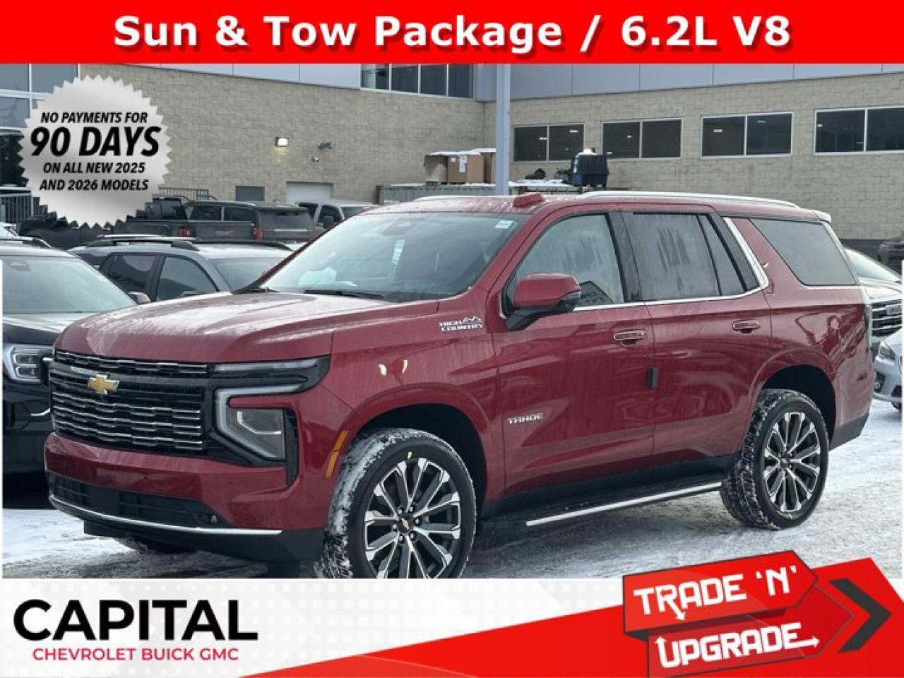 This Chevrolet Tahoe delivers a Gas V8 6.2L/ engine powering this Automatic transmission. TRANSMISSION, 10-SPEED AUTOMATIC electronically controlled with overdrive, includes Traction Select System including tow/haul (STD), SUN AND TOW PACKAGE includes (C3U) power sunroof and (NHT) Max Trailering Package, RADIANT RED TINTCOAT.*This Chevrolet Tahoe Comes Equipped with These Options *LPO, PREMIUM LINER PROTECTION PACKAGE includes (AAK) 1st and 2nd row premium floor liners, LPO, (RIB) 3rd row all-weather floor liner, LPO and (CAV) all-weather cargo mat, LPO (dealer-installed) , LPO, ALL-WEATHER FLOOR LINERS, 3RD ROW (dealer-installed), LPO, ALL-WEATHER CARGO MAT (dealer-installed), HIGH COUNTRY PREFERRED EQUIPMENT GROUP includes standard equipment, ENGINE, 6.2L ECOTEC3 V8 with Dynamic Fuel Management, Direct Injection and Variable Valve Timing, includes aluminum block construction (420 hp [313 kW] @ 5600 rpm, 460 lb-ft of torque [624 Nm] @ 4100 rpm) (STD), ENGINE BLOCK HEATER, 3 YEARS SIRIUSXM, Wireless Phone Charging, for portable devices, Wireless Apple CarPlay/Wireless Android Auto, Wipers, front intermittent, Rainsense.* Stop By Today *Test drive this must-see, must-drive, must-own beauty today at Capital Chevrolet Buick GMC Inc., 13103 Lake Fraser Drive SE, Calgary, AB T2J 3H5.