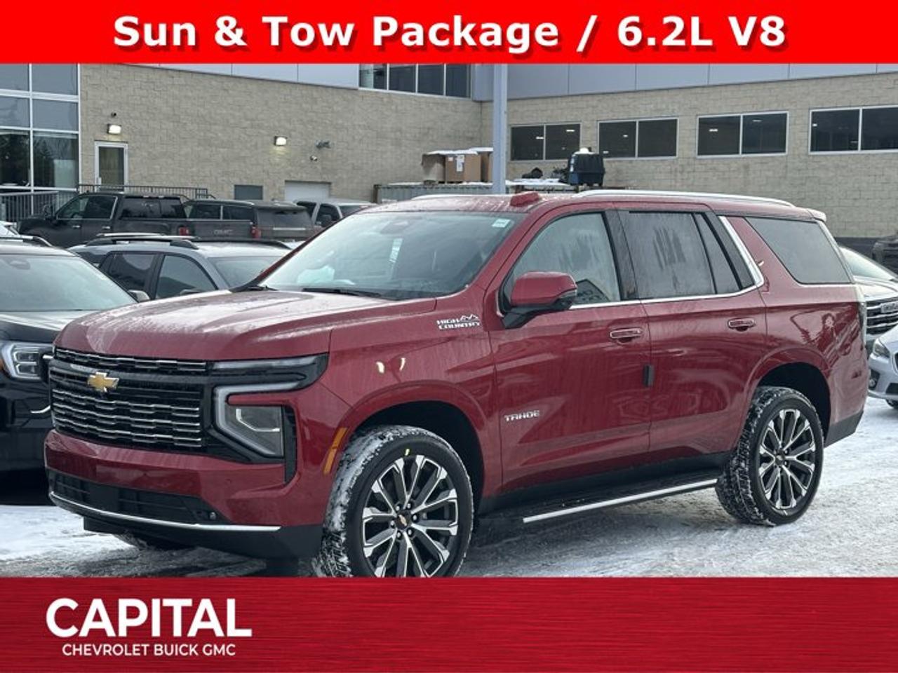 This Chevrolet Tahoe delivers a Gas V8 6.2L/ engine powering this Automatic transmission. TRANSMISSION, 10-SPEED AUTOMATIC electronically controlled with overdrive, includes Traction Select System including tow/haul (STD), SUN AND TOW PACKAGE includes (C3U) power sunroof and (NHT) Max Trailering Package, RADIANT RED TINTCOAT.*This Chevrolet Tahoe Comes Equipped with These Options *LPO, PREMIUM LINER PROTECTION PACKAGE includes (AAK) 1st and 2nd row premium floor liners, LPO, (RIB) 3rd row all-weather floor liner, LPO and (CAV) all-weather cargo mat, LPO (dealer-installed) , LPO, ALL-WEATHER FLOOR LINERS, 3RD ROW (dealer-installed), LPO, ALL-WEATHER CARGO MAT (dealer-installed), HIGH COUNTRY PREFERRED EQUIPMENT GROUP includes standard equipment, ENGINE, 6.2L ECOTEC3 V8 with Dynamic Fuel Management, Direct Injection and Variable Valve Timing, includes aluminum block construction (420 hp [313 kW] @ 5600 rpm, 460 lb-ft of torque [624 Nm] @ 4100 rpm) (STD), ENGINE BLOCK HEATER, 3 YEARS SIRIUSXM, Wireless Phone Charging, for portable devices, Wireless Apple CarPlay/Wireless Android Auto, Wipers, front intermittent, Rainsense.* Stop By Today *Test drive this must-see, must-drive, must-own beauty today at Capital Chevrolet Buick GMC Inc., 13103 Lake Fraser Drive SE, Calgary, AB T2J 3H5.
